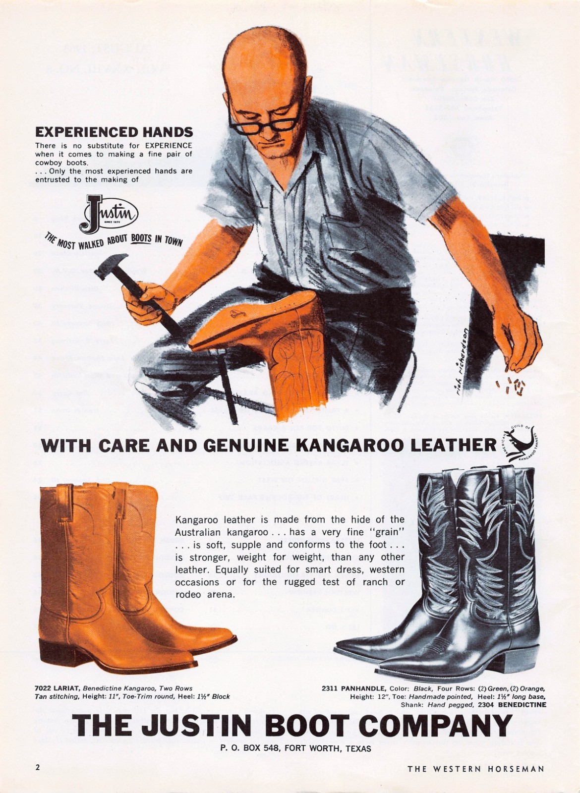 Justin Boot Co Exotic Kangaroo Leather Lariat Panhandle Styles 1963 Mag Print Ad