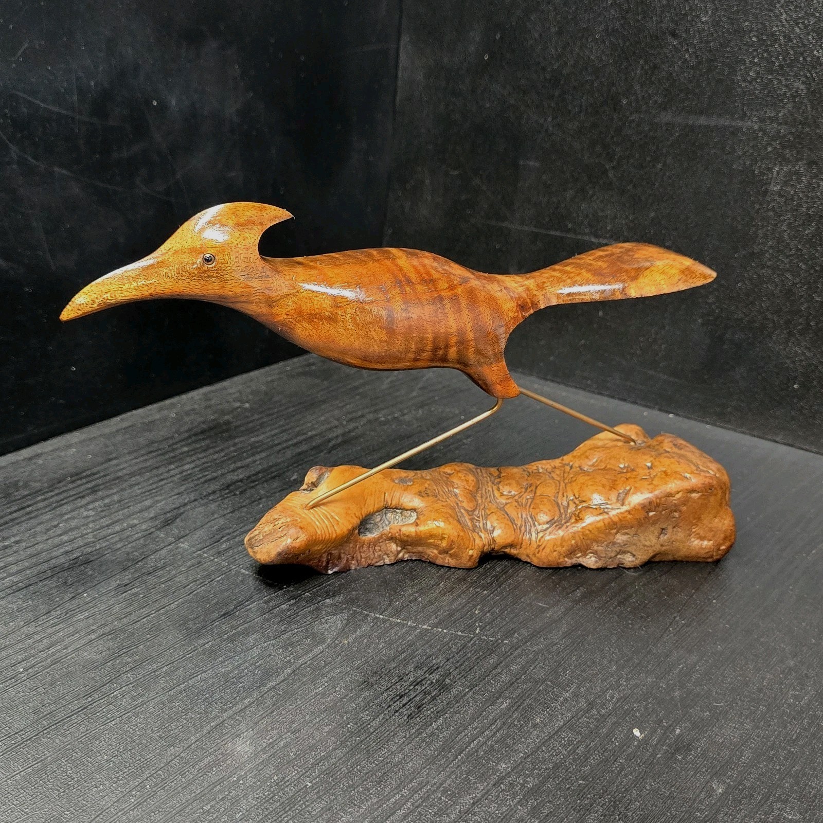 Bruce Stamp MCM CARVED Bird Sculpture Walnut Burl wood Brass & Glass Eyes Signed