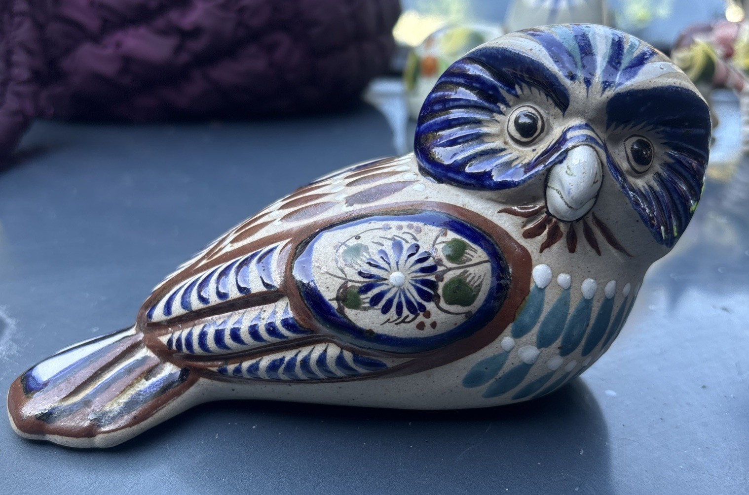 Vintage Tonala Mexican Pottery Owl Figurine Hand Painted Folk Art Bird Owl Mateo