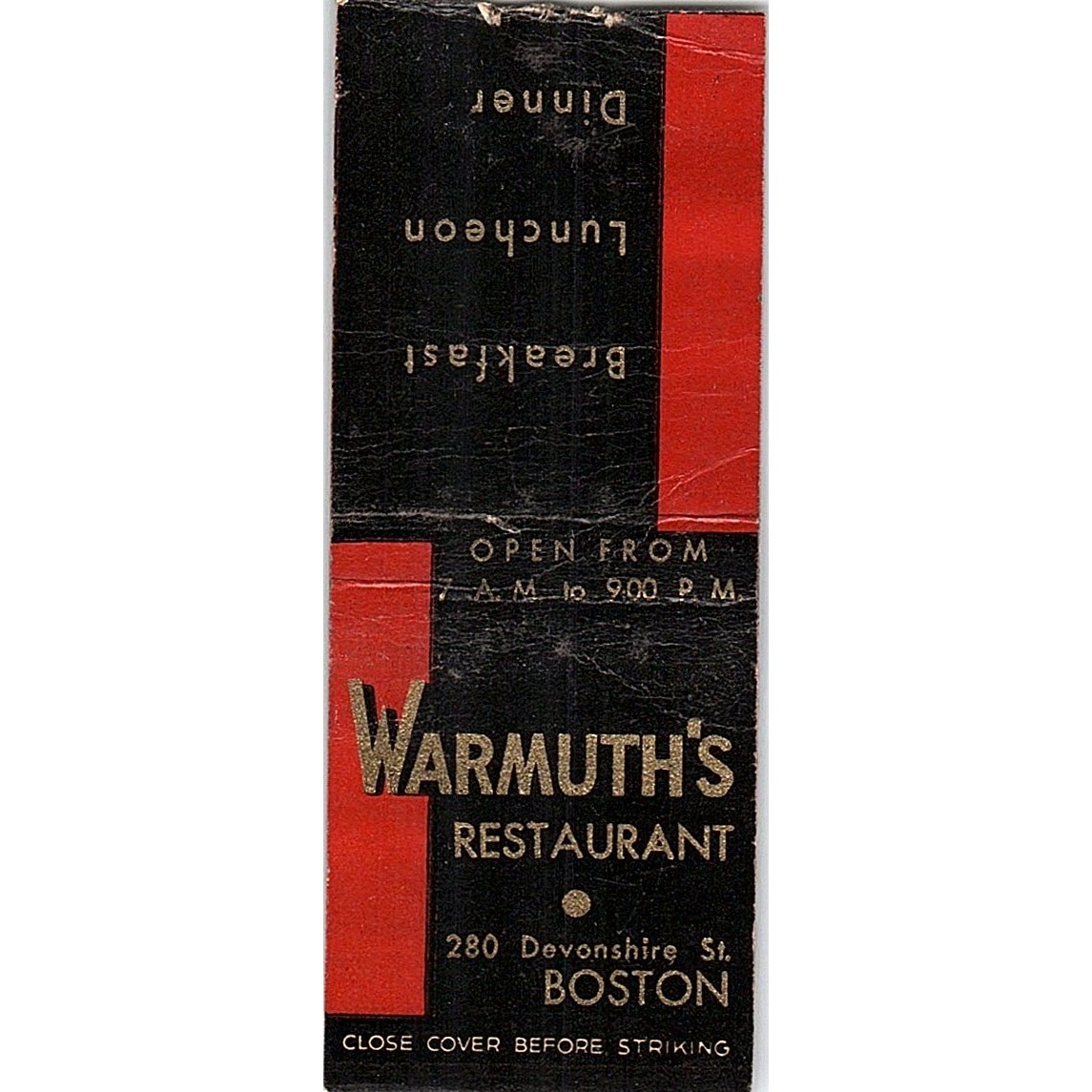 Warmuth\'s Restaurant 280 Devonshire St Boston Vintage Matchbook Cover MB62-1