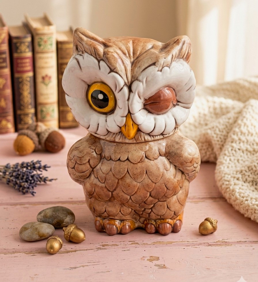 Vintage Ceramic Winking Owl Cookie Jar Brown Retro Hobbyist Art Pottery 11.5\