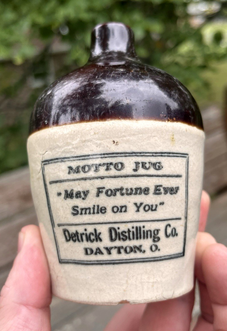 NICE STONEWARE MOTTO JUG DETRICK DISTILLING CO. DAYTON, OH 1890\'S ERA L@@K