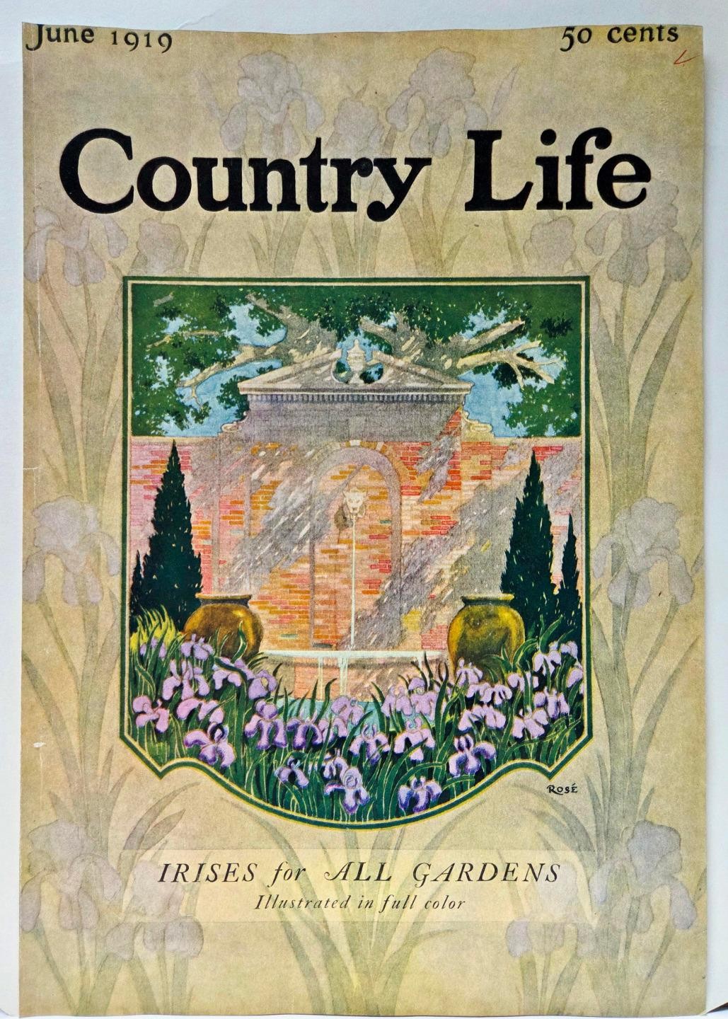 1919 Country Life Magazine JUNE COVER ONLY Artby J. M. Rose Garden Iris Fountain