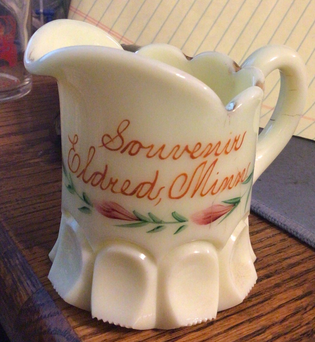 SOUVENIR ELDRED MINNESOTA CUSTARD GLASS PITCHER 1900’s CROOKSTON POLK COUNTY 