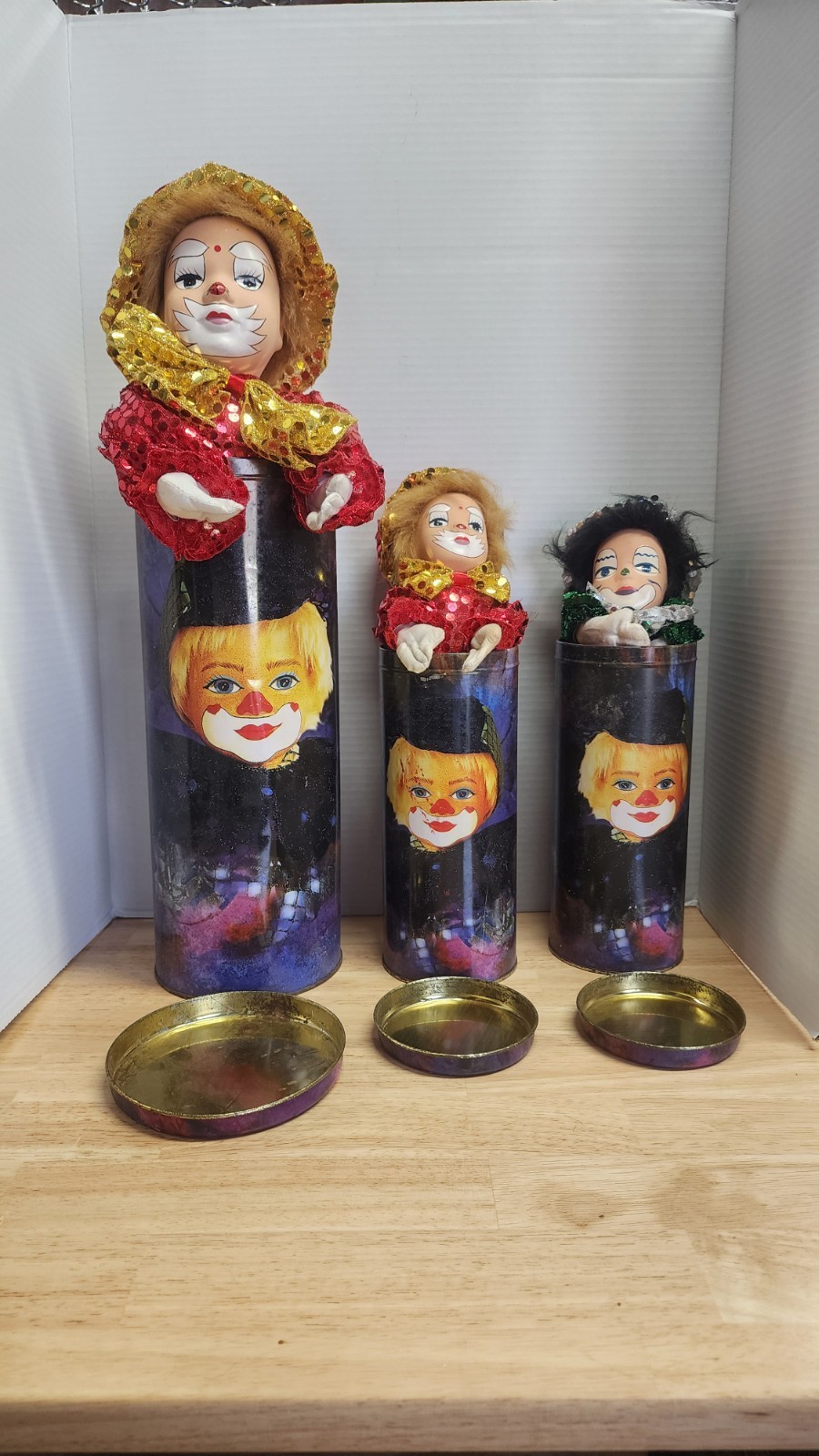 Set of 3 Lucy's Clown In A Tin Can Collectible Porcelain Figure