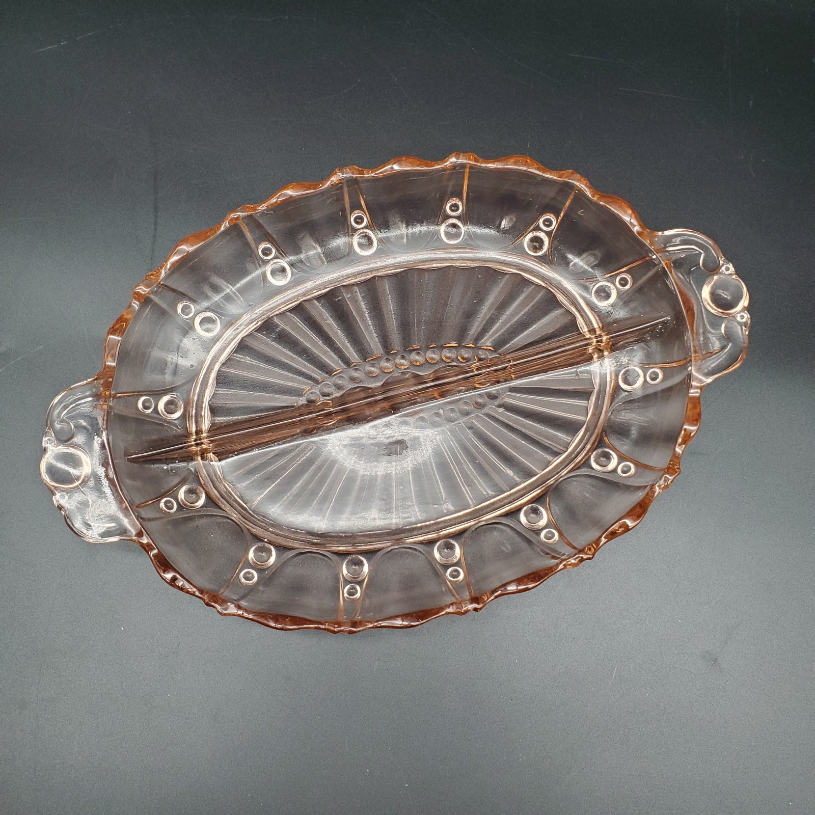 Pink Depression Glass Oval Divided Relish Dish Beaded Edge Vintage 12\ Pink Depression Glass Oval Divided Relish Dish Beaded Edge Vintage 12\