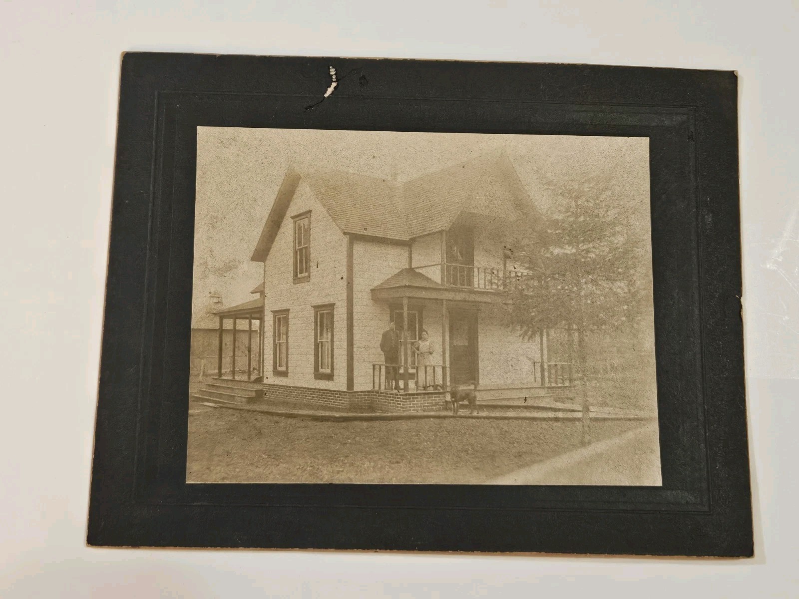 Antique 1900s Farmhouse Photograph Two Story Victorian Home Porch Mounted Photo