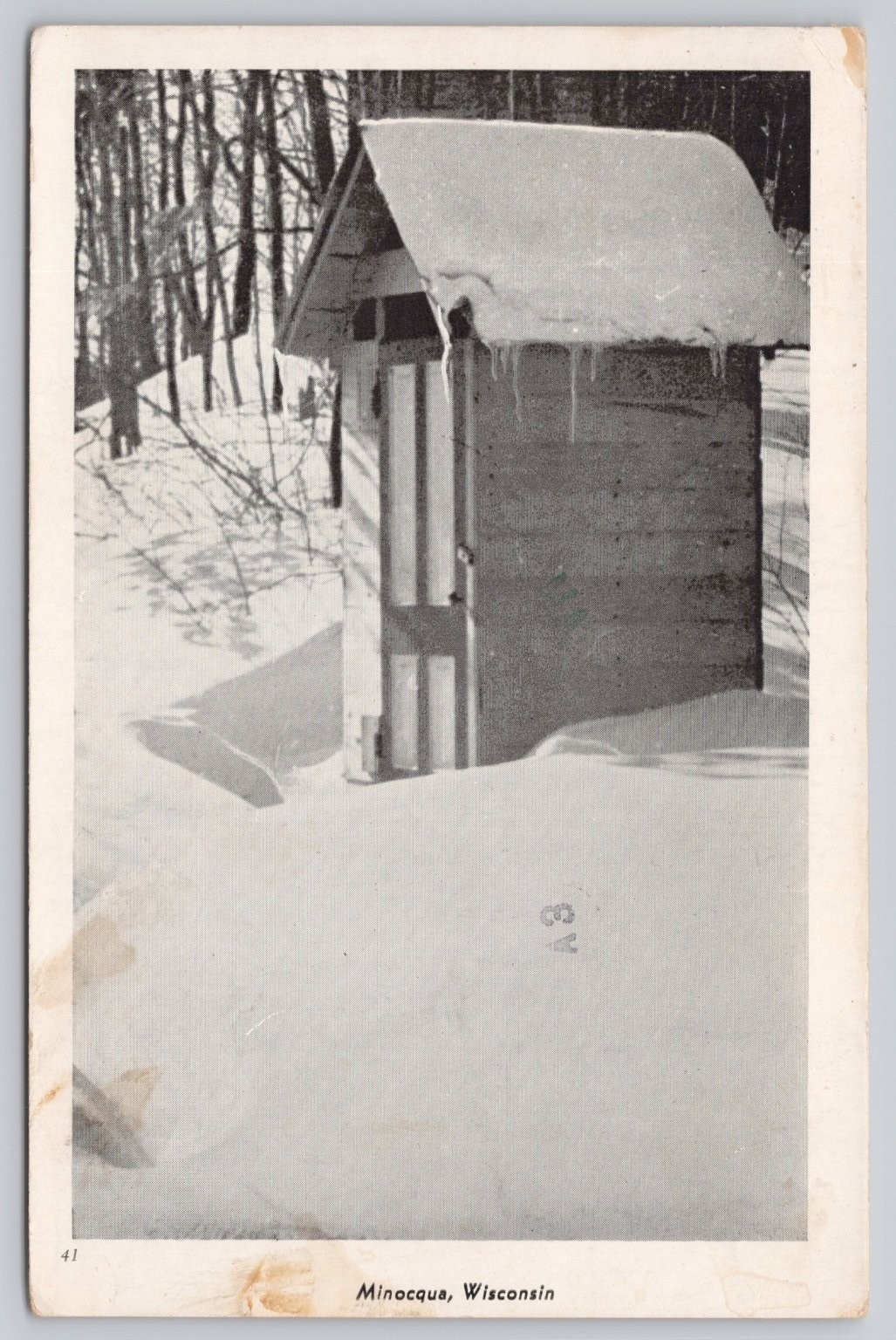 Minocqua Wisconsin Winter Snow Outhouse Cabin Vintage Postcard 1984 Postmark