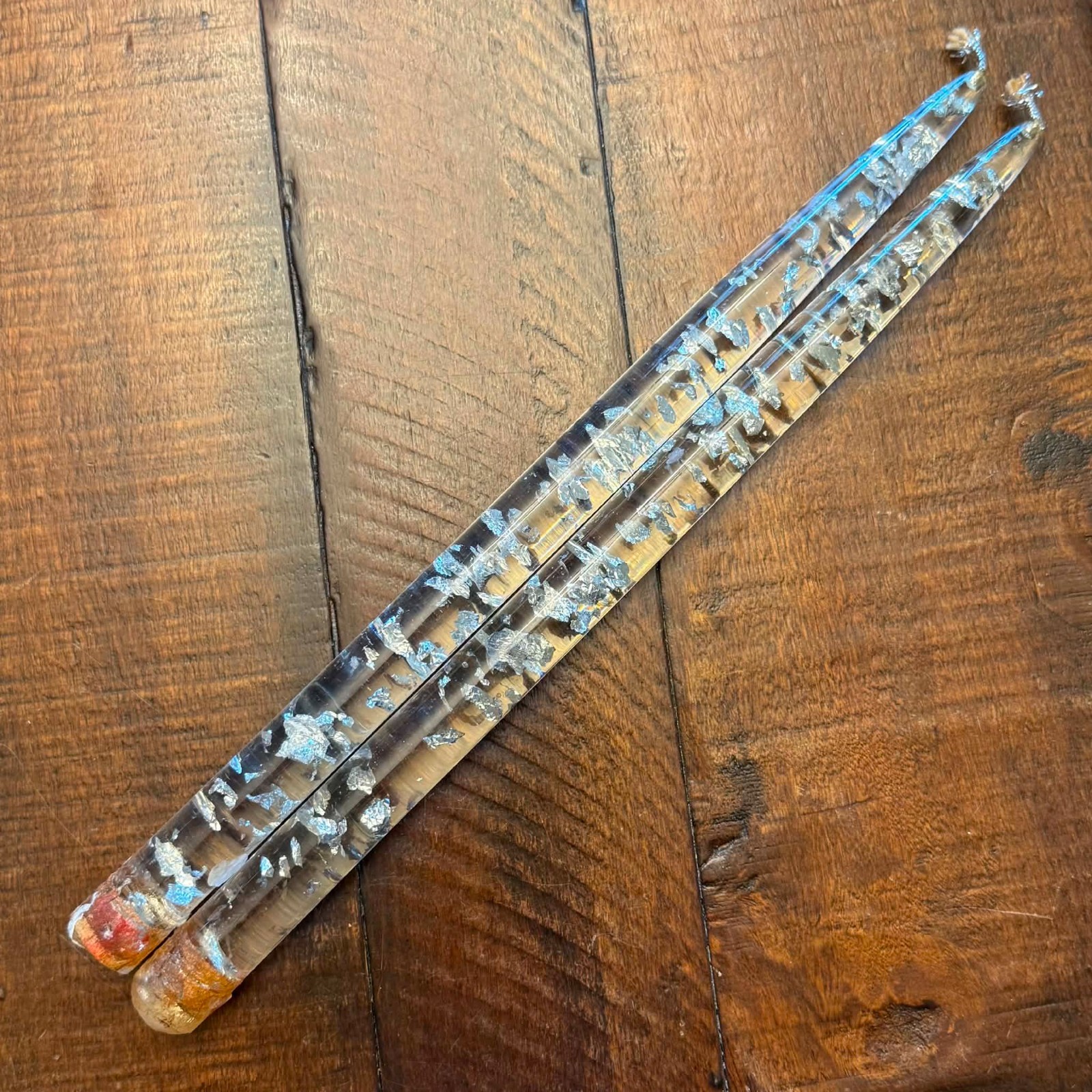 Lucite Acrylic Clear Silver Flake 12” Taper Candle Pair MCM 60s Set of 2 Candles