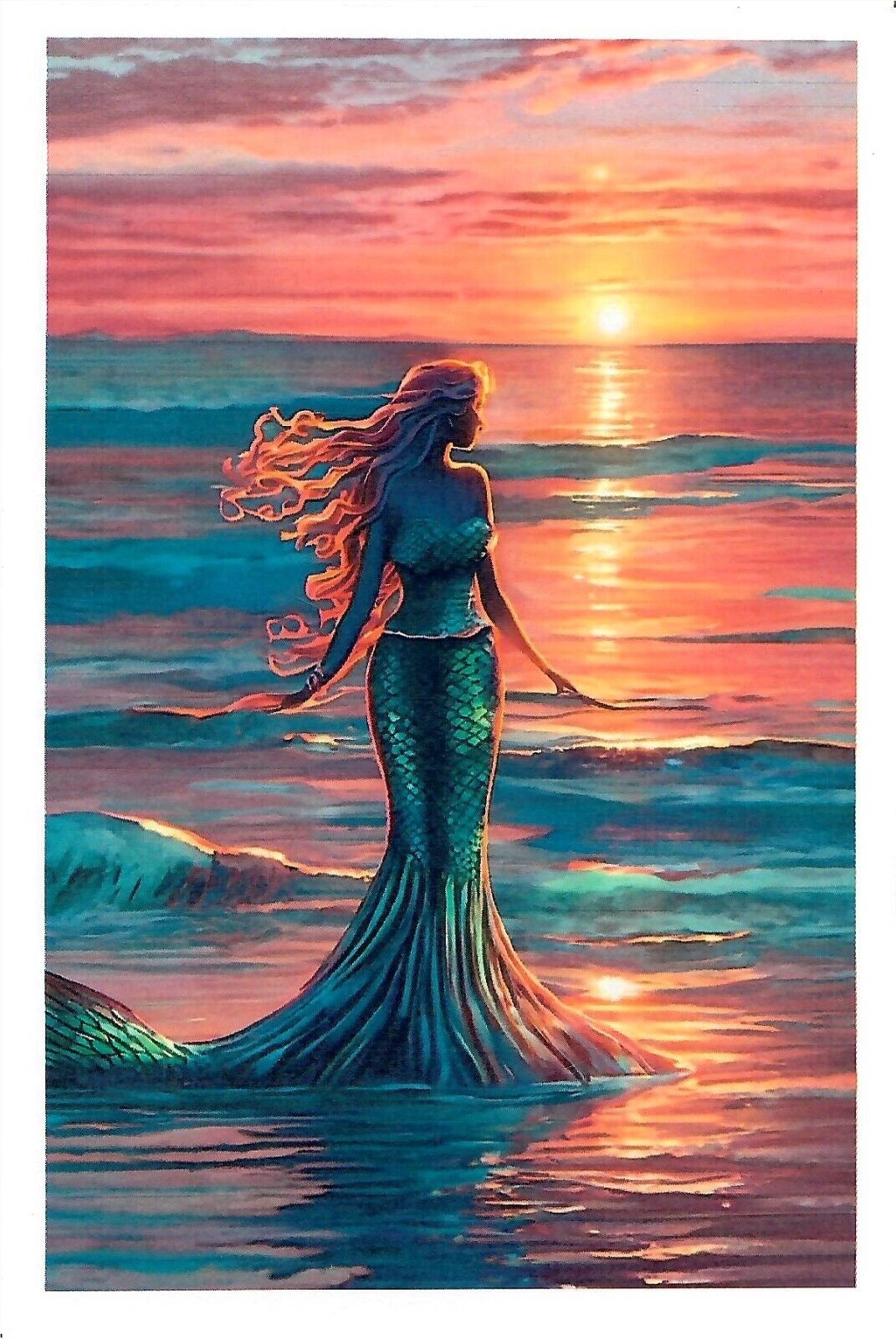 NEW Custom Designed Printed 4x6 Postcard Mermaid sunset sunrise ocean beach