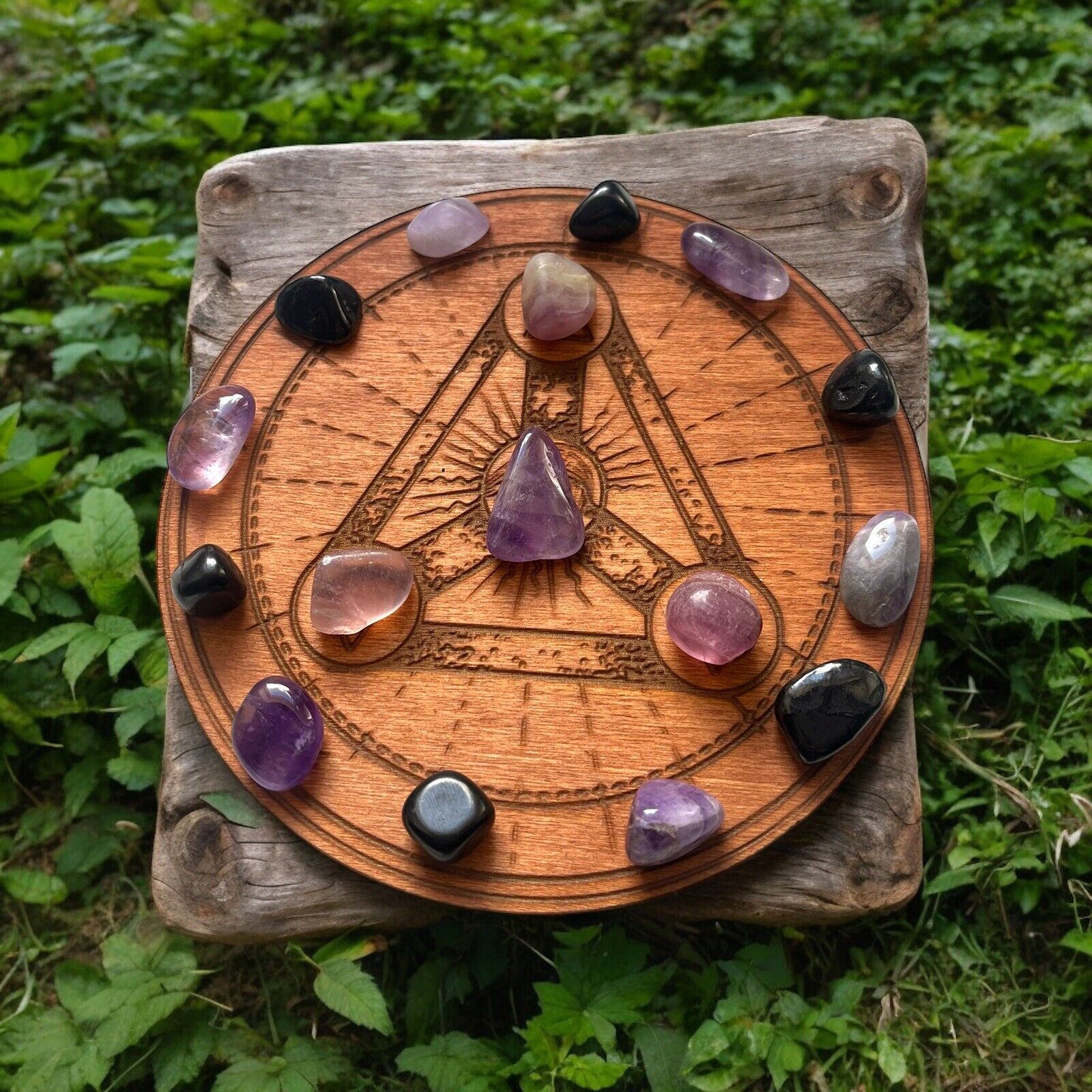  Wood Engraved Crystal Grid Set For Protection & Shielding 6in