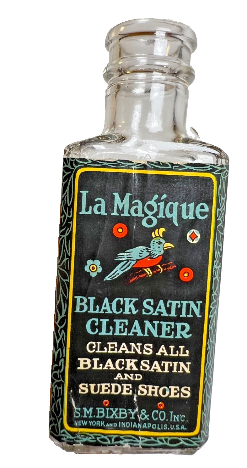 Antique La Magique Shoe Cleaner Bottle Bixby Bird Label New York & Indianapolis