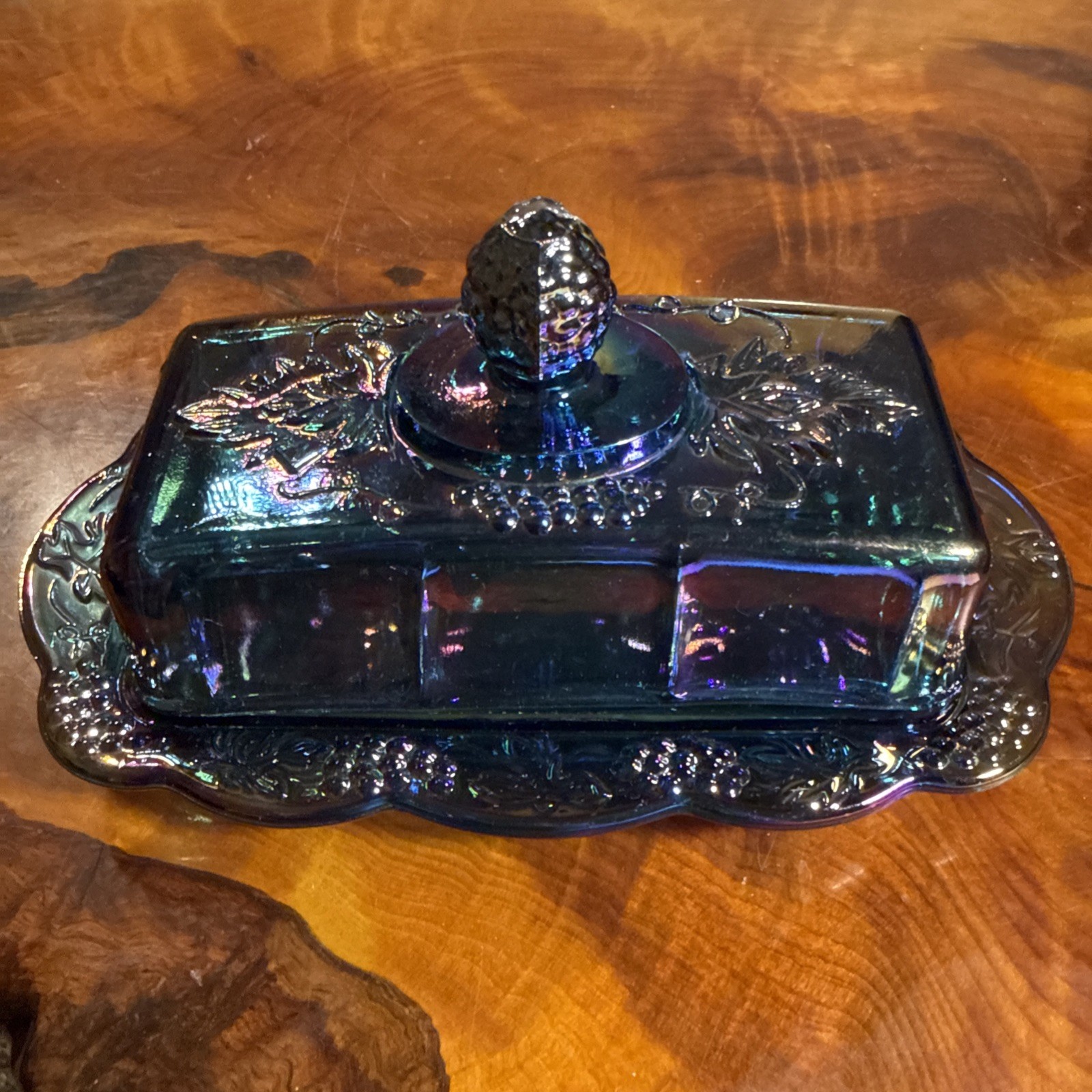 Vintage Indiana Carnival Glass Butter Dish Blue Iridescent Harvest Grape w/ Lid Vintage Indiana Carnival Glass Butter Dish Blue Iridescent Harvest Grape w/ Lid