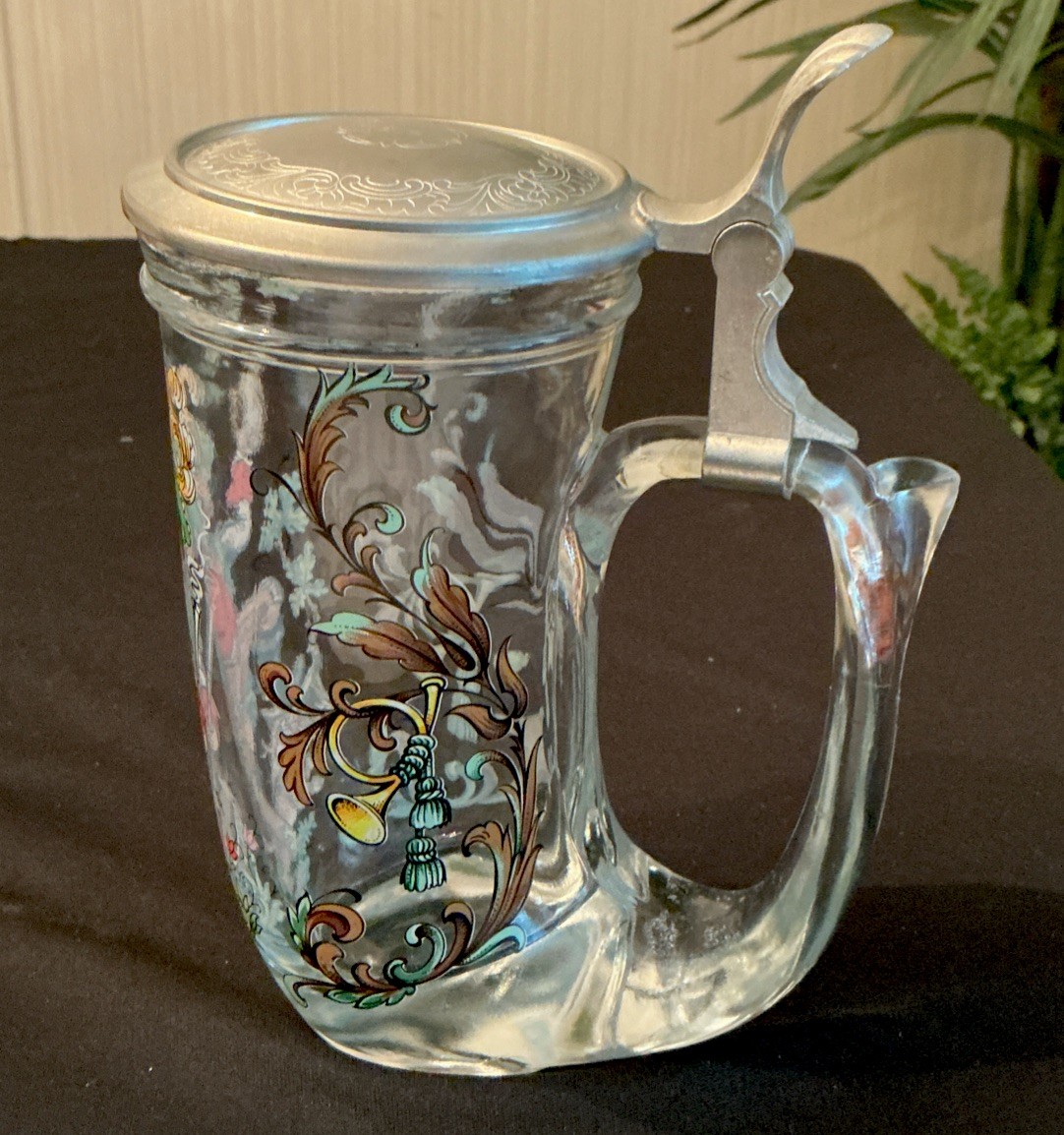 Vintage German BMF Rein Zinn Horn Shaped Painted Glass Stein w/Pewter Lid 1950’s