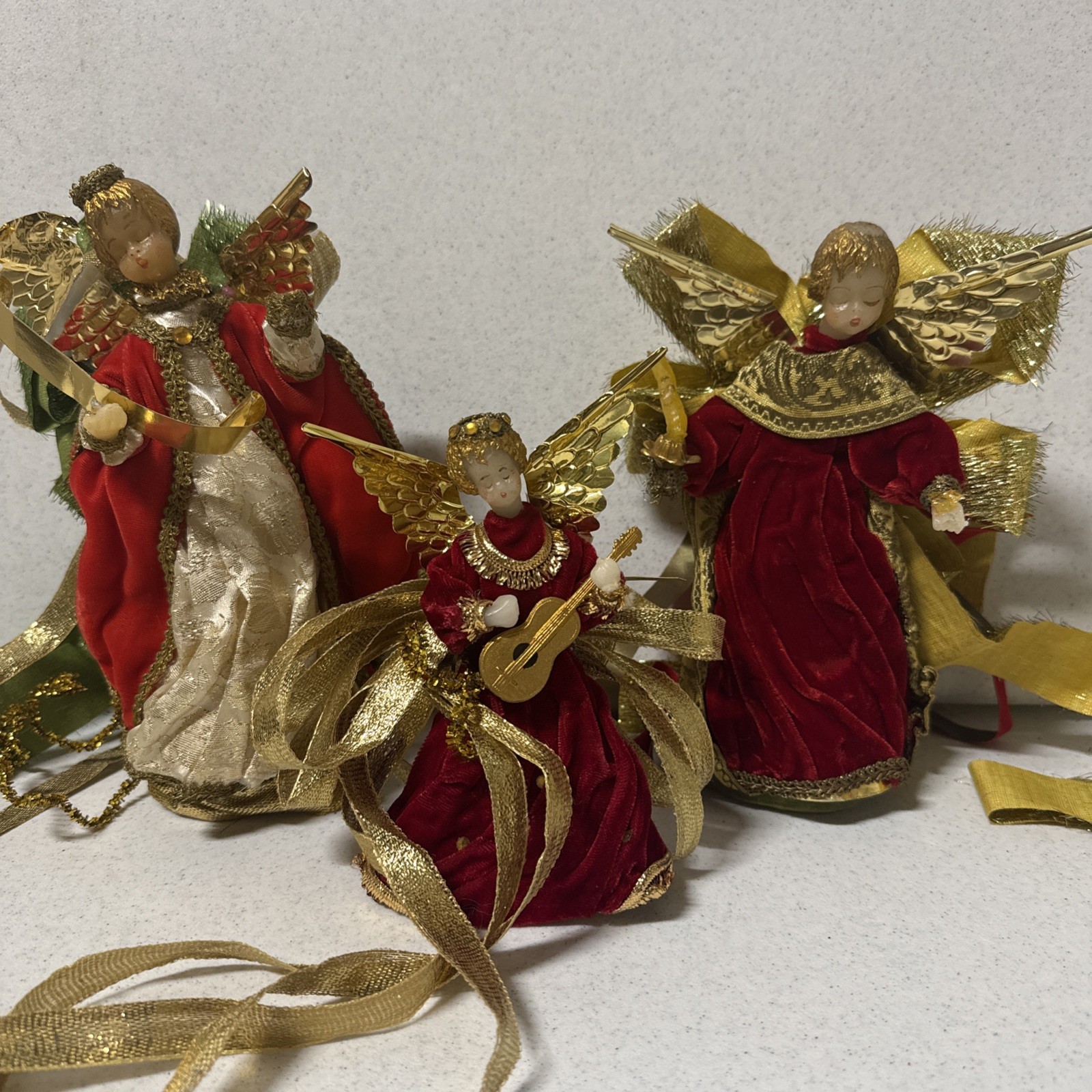 Set/3 VTG Christmas Germany Wax Angel Ornament Red &  Gold stand Ornaments 