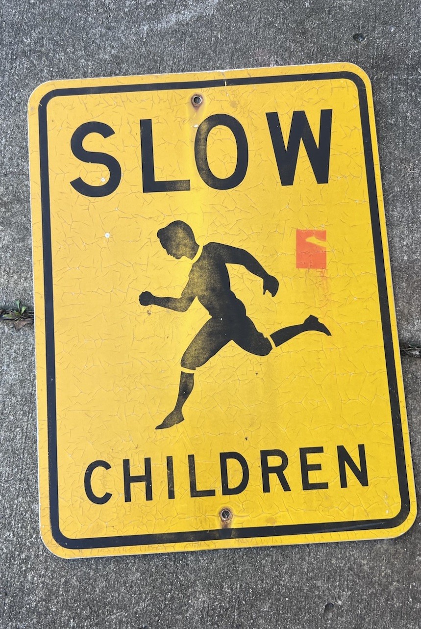Vintage Yellow Slow Children Playing Street Sign Metal Steel Retired Sign