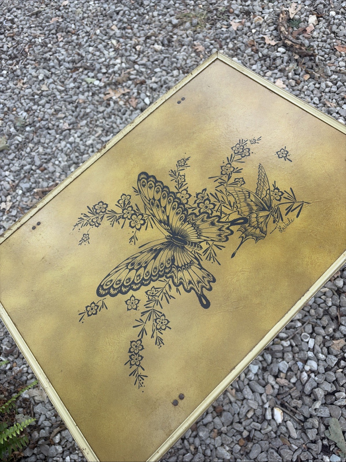 Vintage Set Of 2 LAVADA MCM Gold Butterfly TV Trays With Stand 23× 21× 15