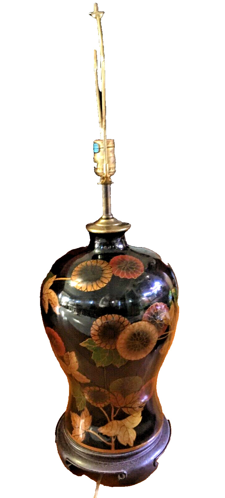 Maitland Smith Large Vintage Vase Lamp Black Background Metallic Painted Flowers