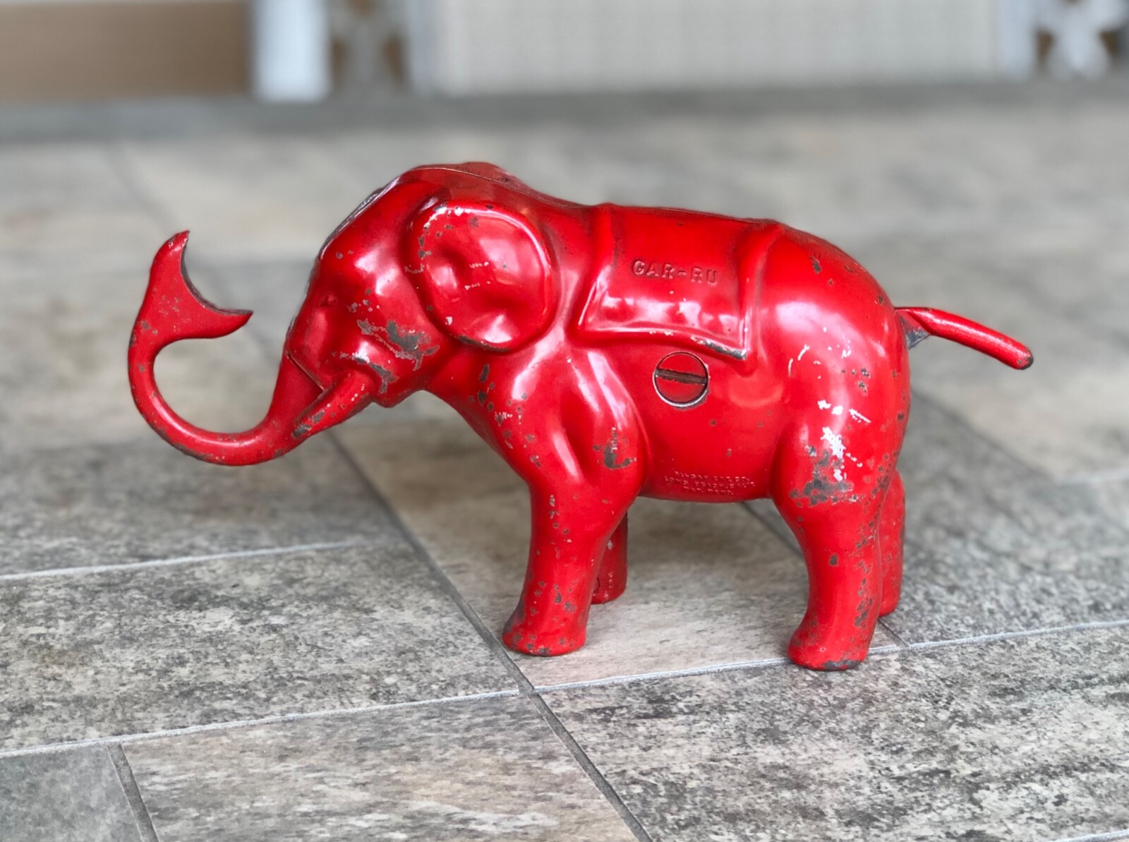Vintage 1940s Red Cast Aluminum Mechanical Elephant Coin Bank 