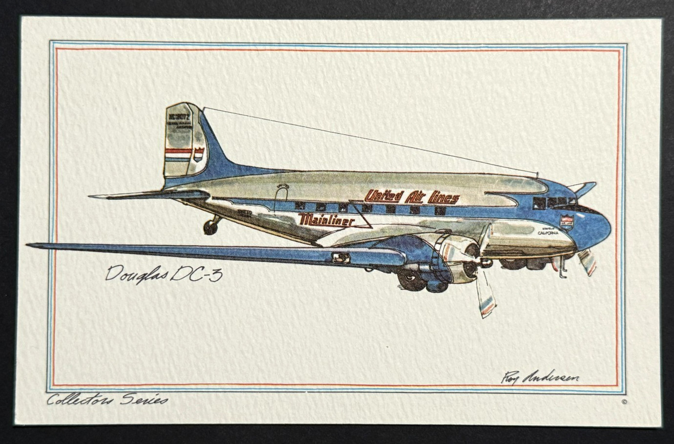 United Airlines Douglas DC-3 Artist Rendering Aircraft Postcard