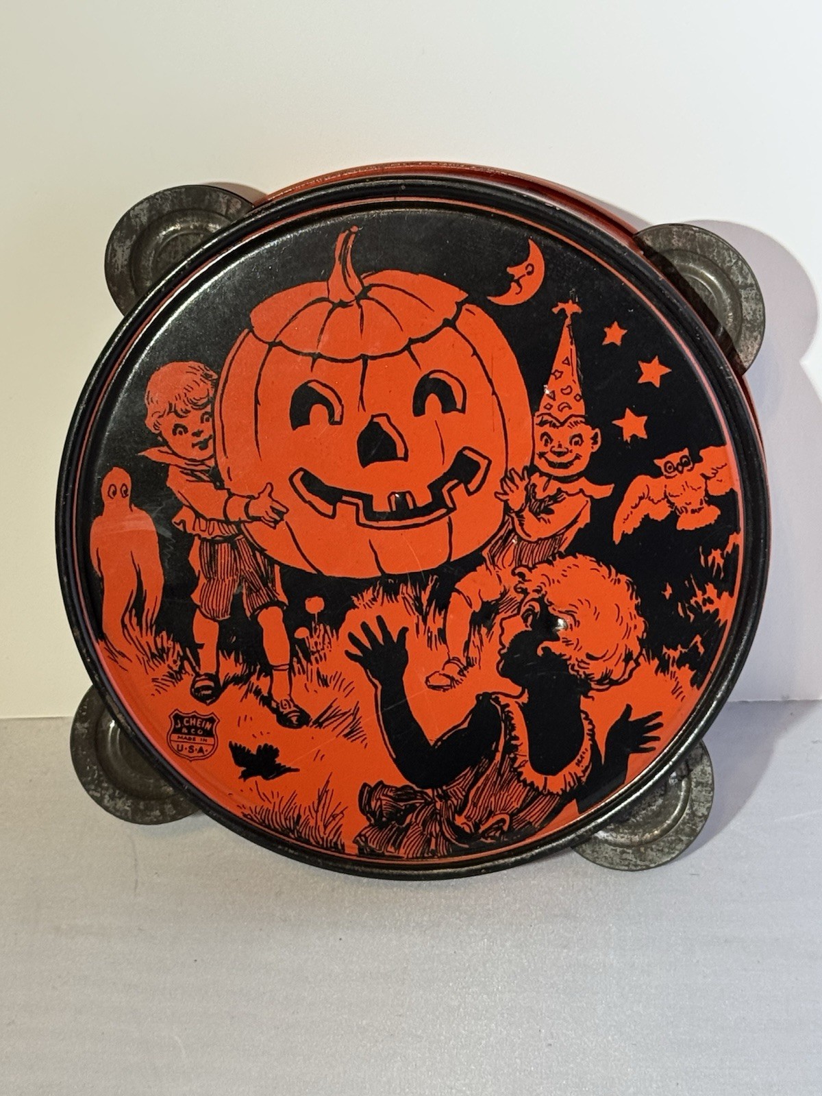 Antique Vintage Halloween Tin Litho Tambourine Noisemaker Decoration J Chein 30s