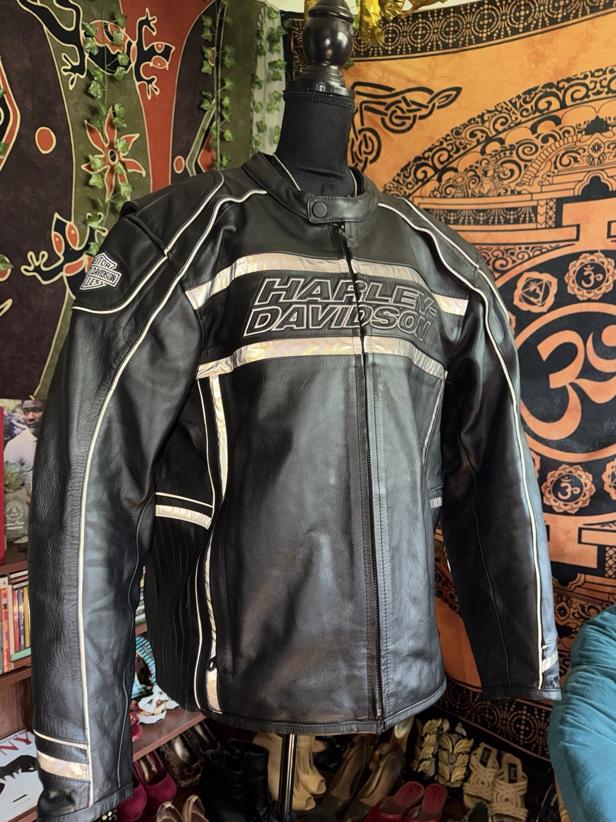 reflective genuine leather 2000s harley davidson riding jacket  w 10+ pockets