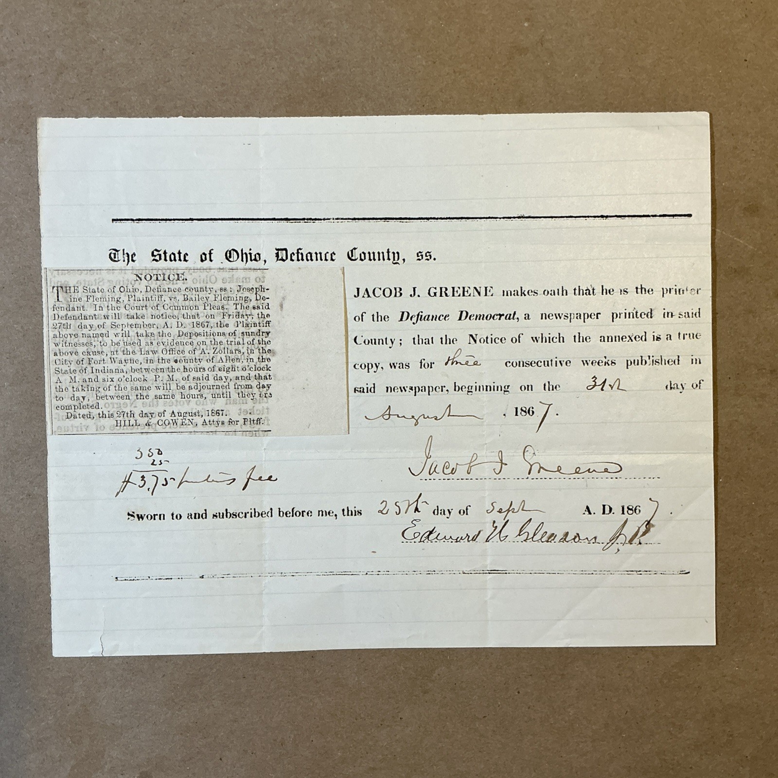 1867 State Of Ohio Defiance County Oath Paper INV-AD64