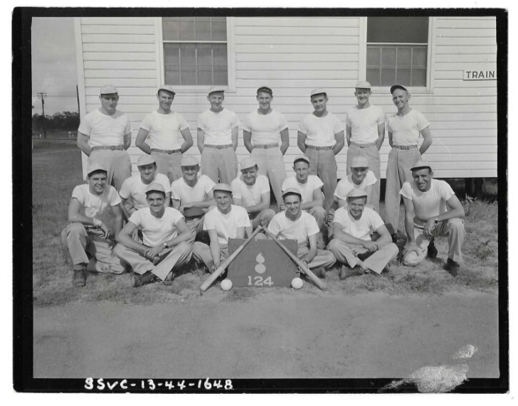 VTG B&W Snapshot Photo Camp Swift, TX, Baseball Team Train Sign 