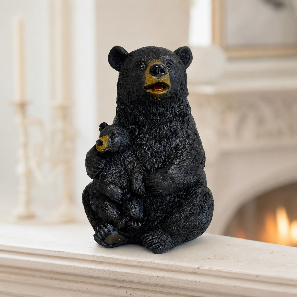 Handmade Ceramic Black Bear Figurine With Cub Wildlife Decor Rustic Gift 5 Inch