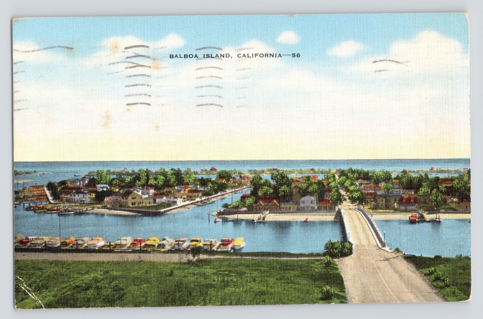 Balboa Island California Linen Vintage Postcard Waterfront Bridge Boats Posted