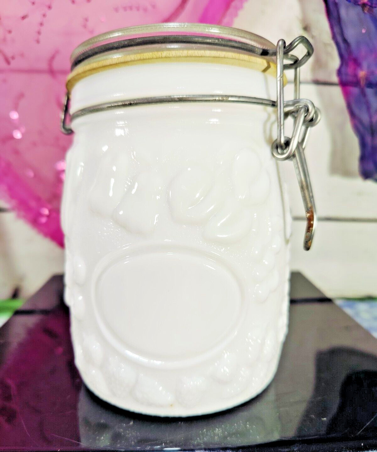 Vintage Wheaton Raised Fruit Fine Glassware Milk Glass Mason Jar with Lid 3/4L