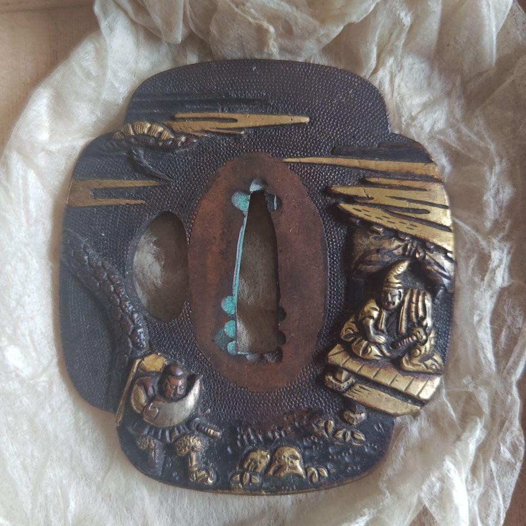 Japanese Iron Tsuba Sword Guard Gold Inlay Figural Scene Antique Japanese Iron Tsuba Sword Guard Gold Inlay Figural Scene Antique