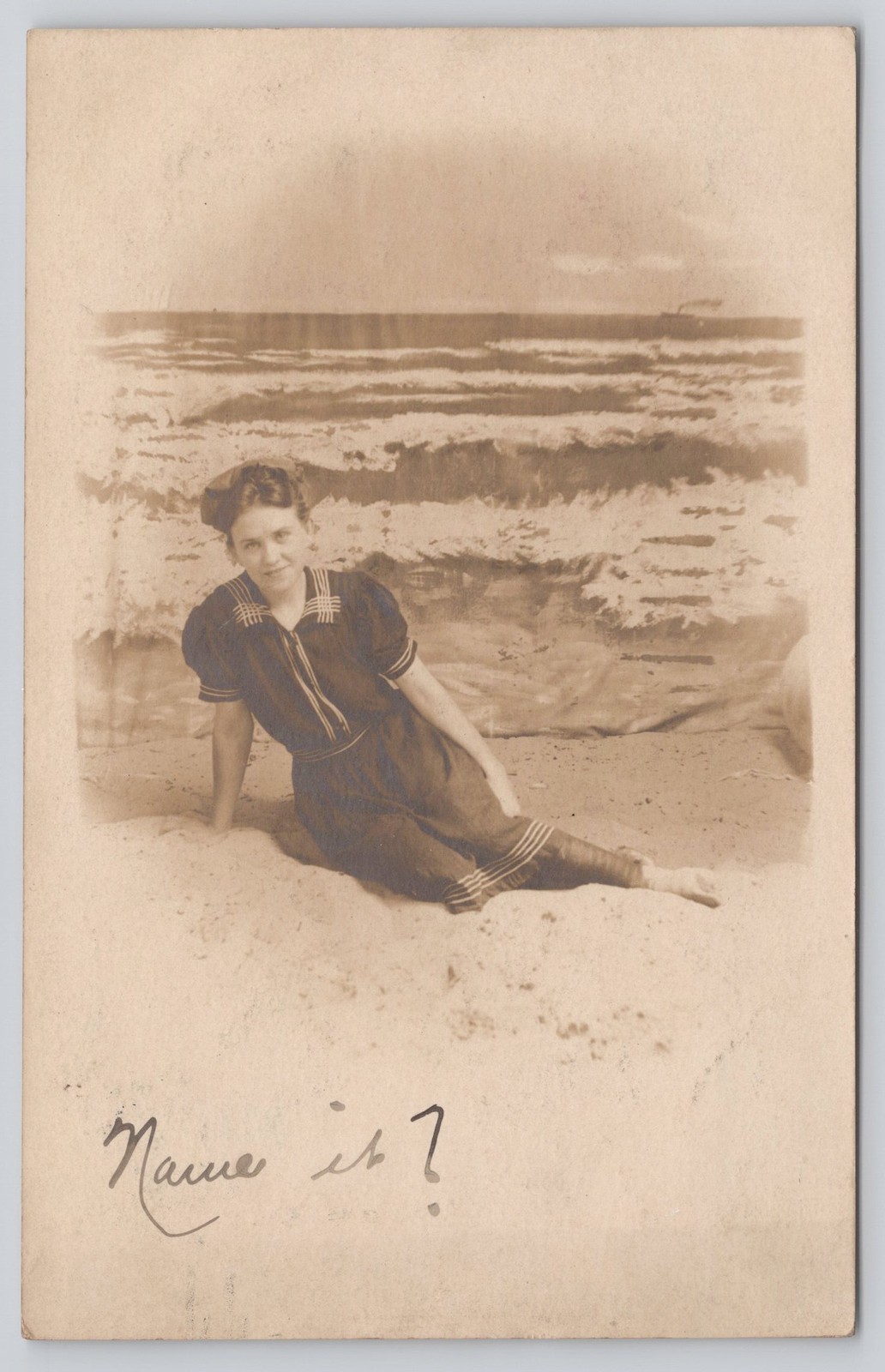 RPPC Bathing Suit Woman Beach Fort Screven GA 1908 Real Photo Postcard