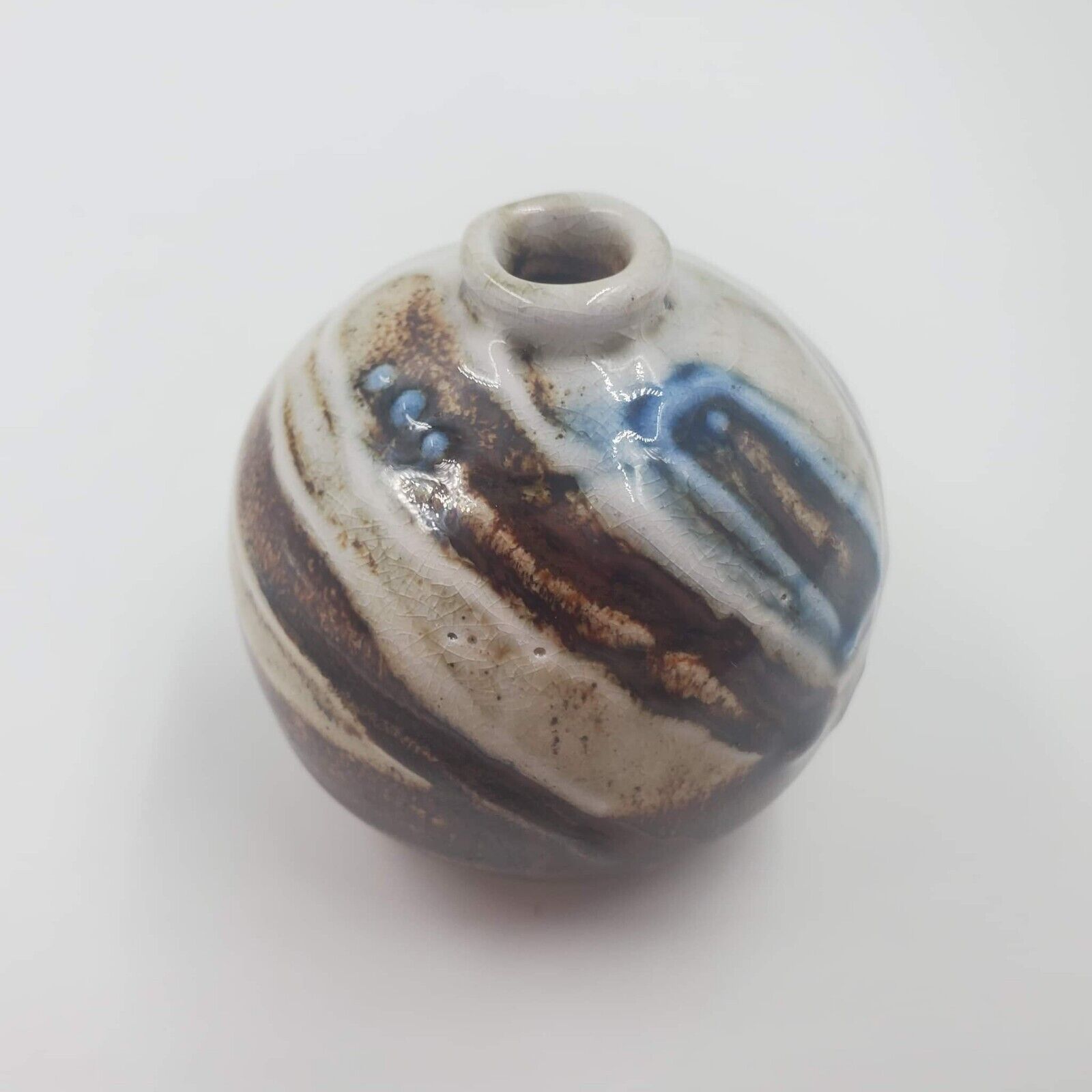 Handmade Blue Brown Boho Mini Pottery Round Ball Bud Vase Signed 3\