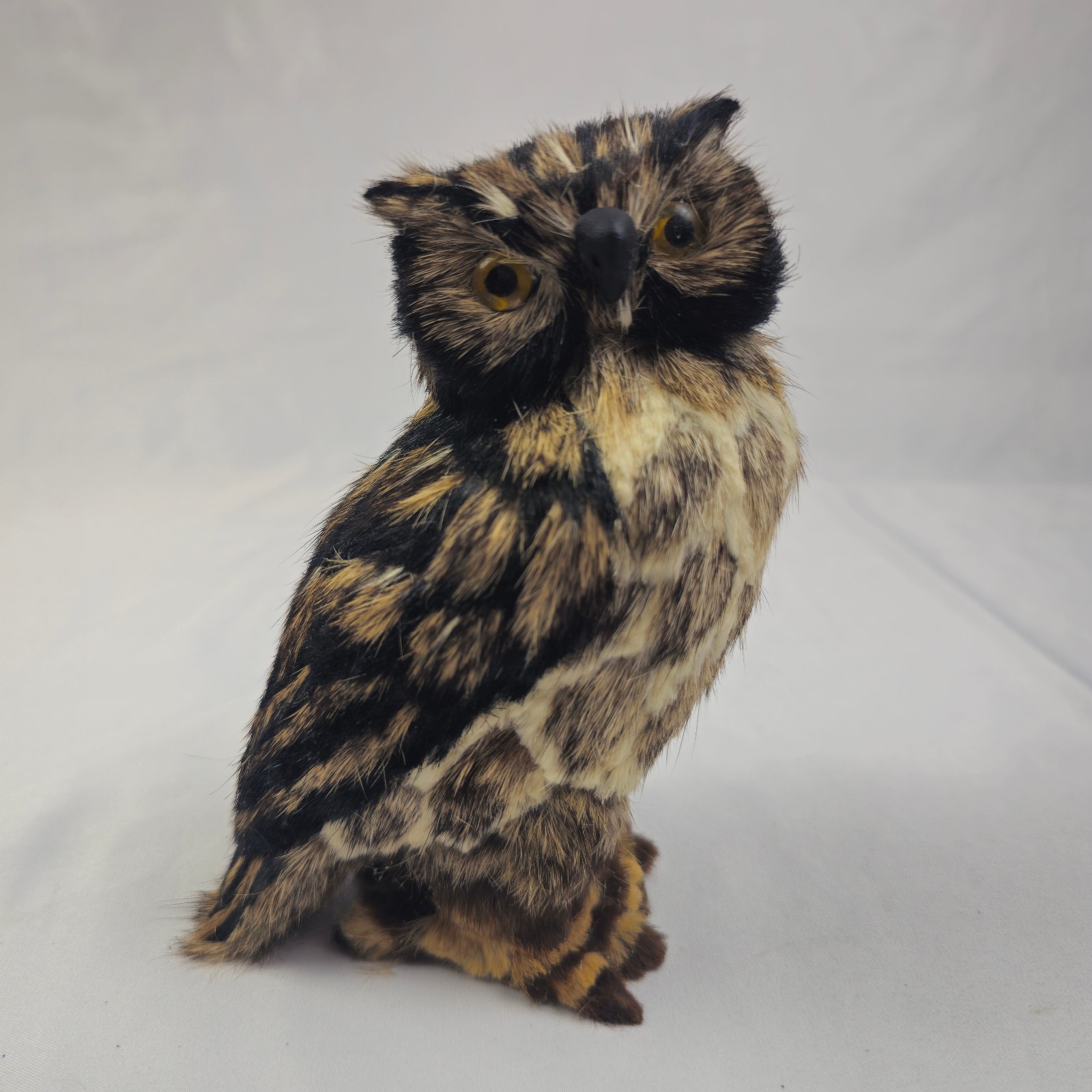 Faux Real Fur Owl Figurine Glass Eyes Horned Owl Bird Statue 7 Inches Vtg