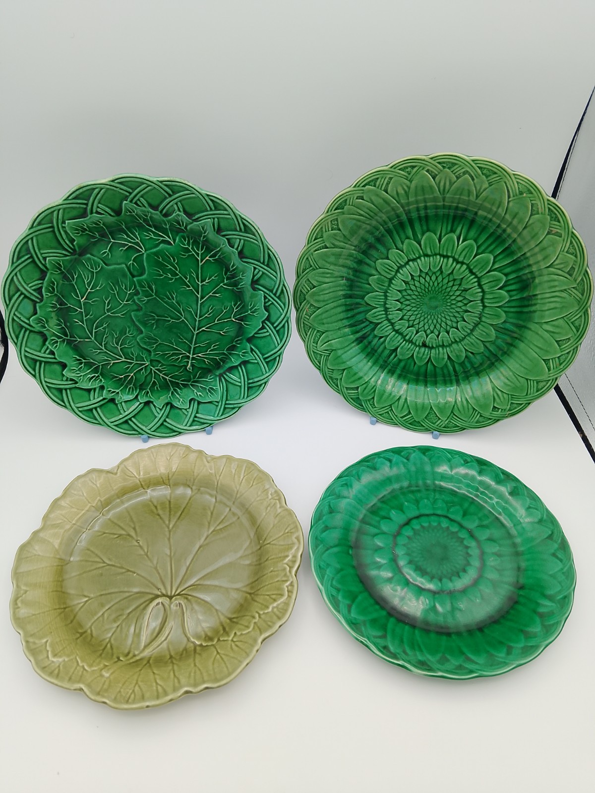 4 X Wedgwood Majolica Green  Sunflower Vine Plates Antique  19thC Various