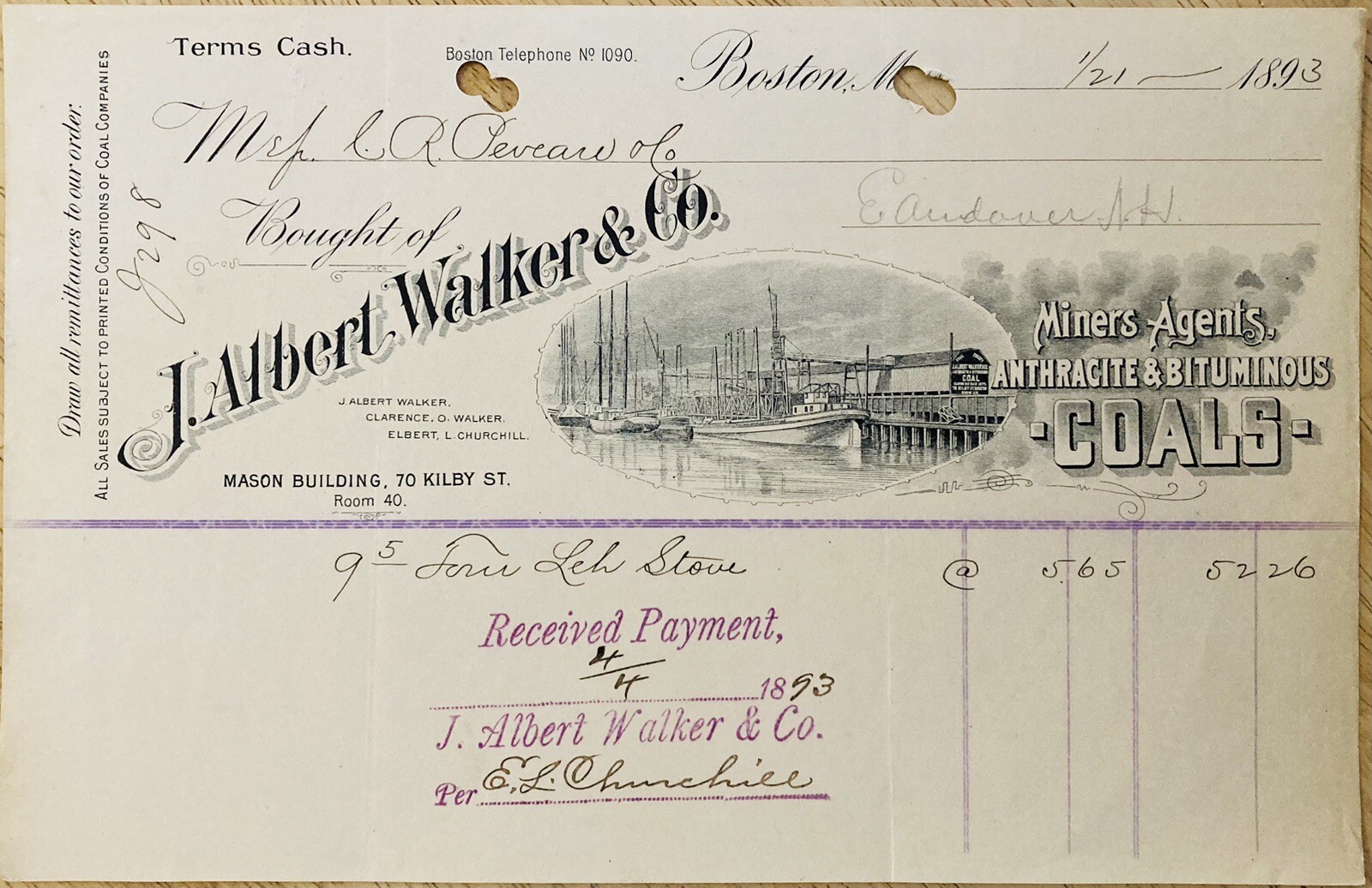 1893 BILLHEAD~J. ALBERT WALKER CO. BOSTON. MINERS AGENTS, ANTHRACITE, BITUMINOUS