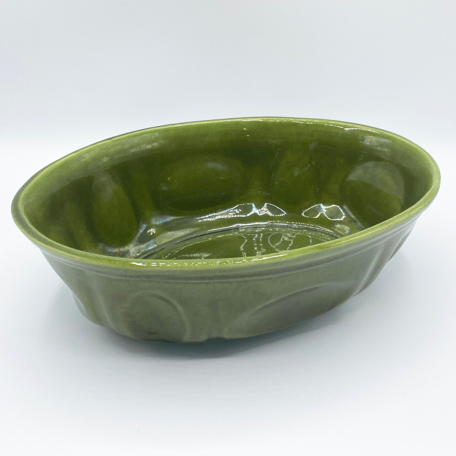 HAEGER Vintage 60s 70s Olive Green Oval Pottery Planter Bowl - No. 3929