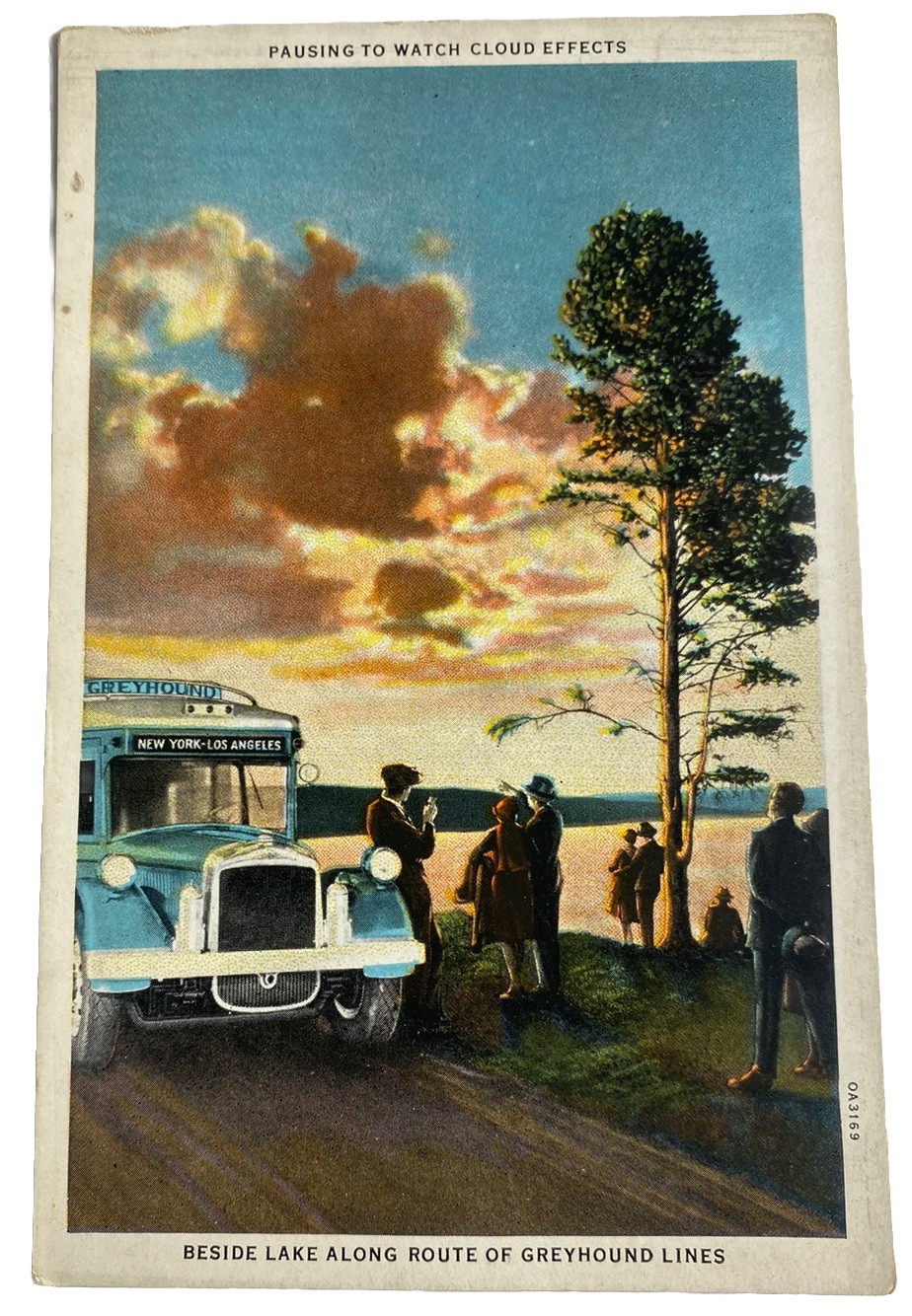 Greyhound Lines Bus Ad  Pausing to Watch Cloud Effects ~ Ohio ~ Antique Postcard