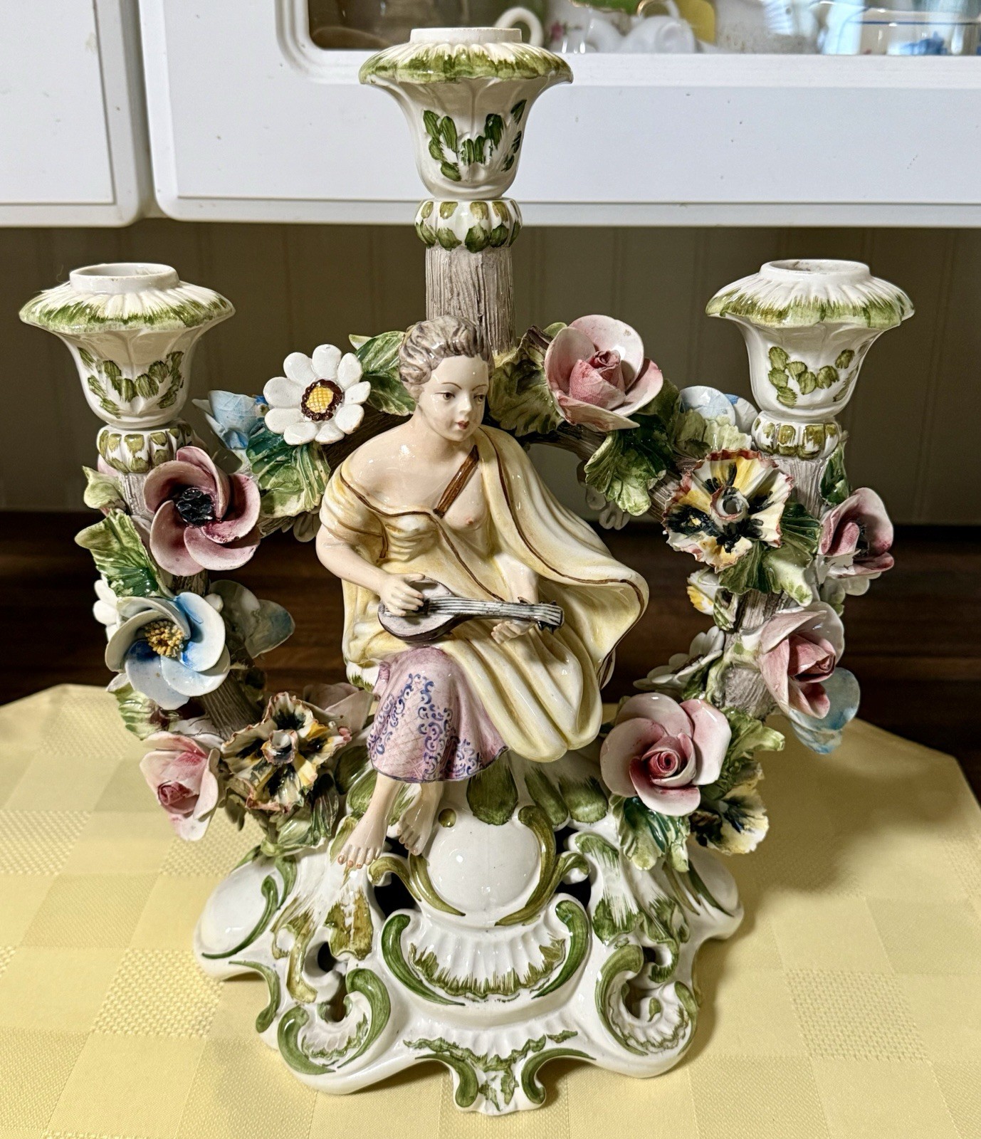 Antique Marked Capodimonte Porcelain Figural Floral Candelabra Candle Holder 12”