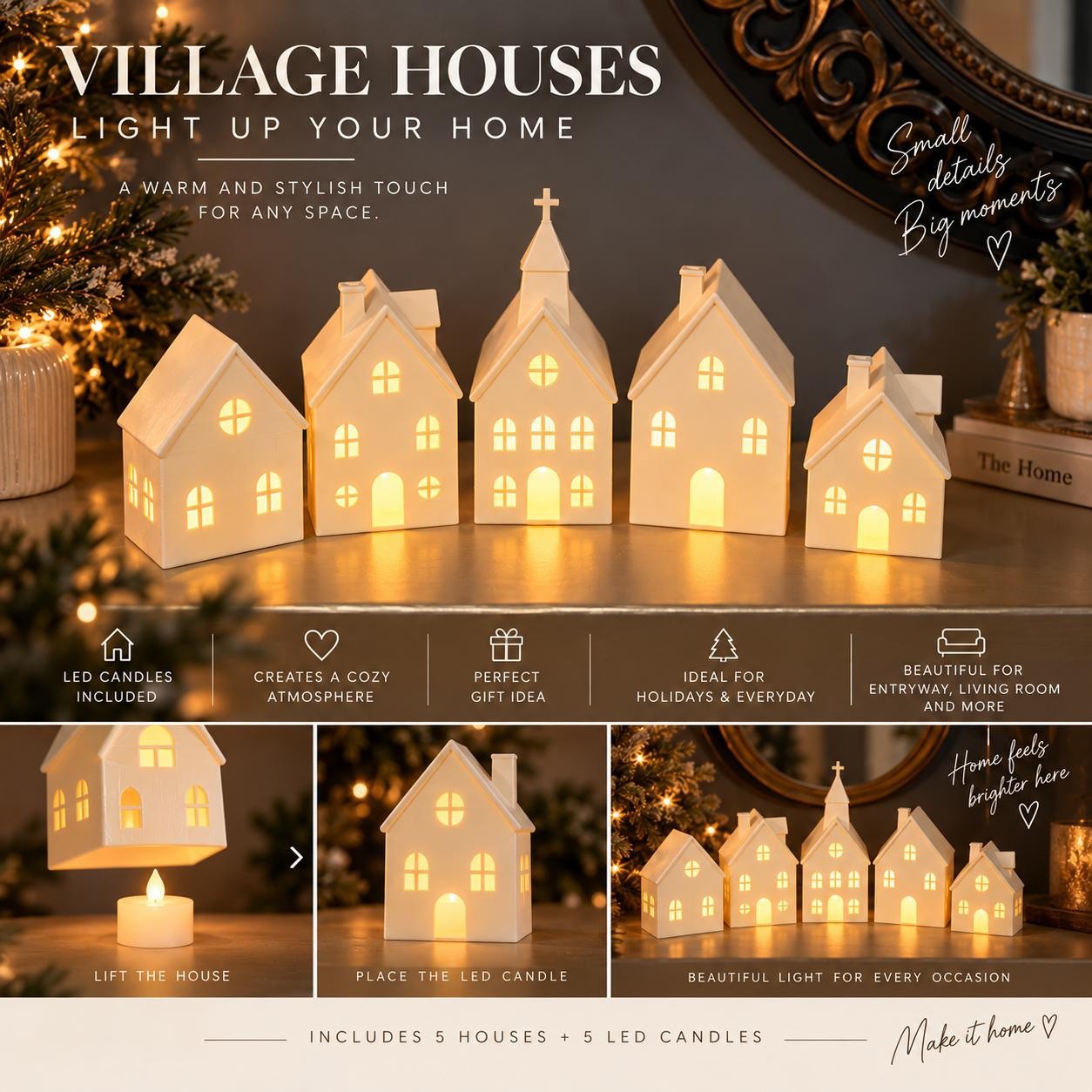 10PCS Christmas Village Sets - 5 village 5 LED