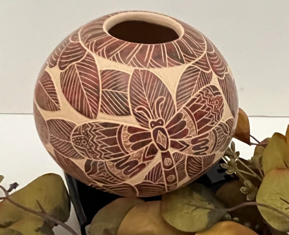 Mata Ortiz Pottery Seed Pot Dragonfly Mixed Clay Flowers Ailadi Mijarez Fine Art