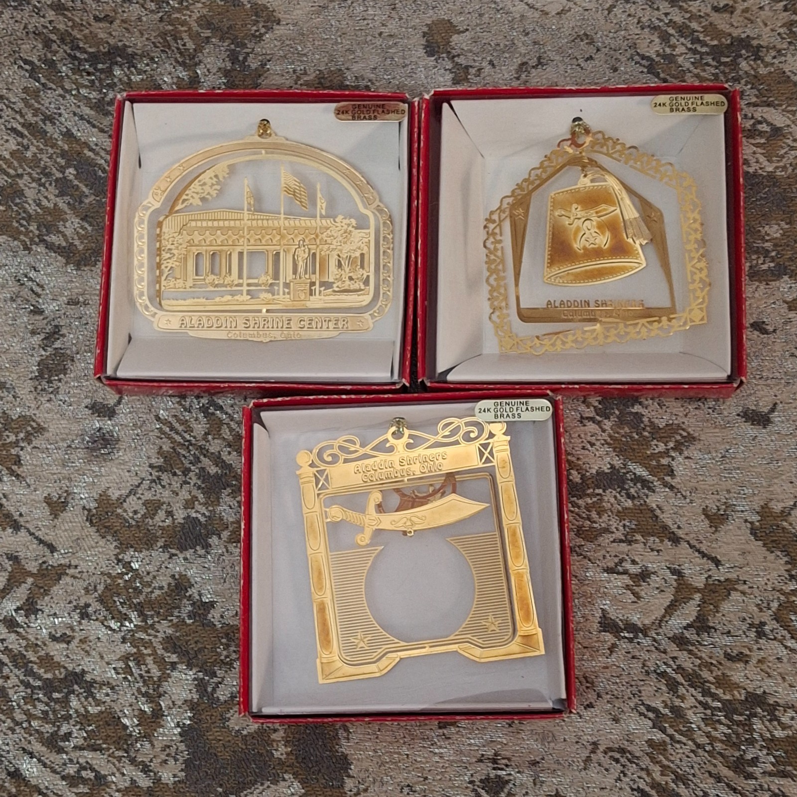Aladdin Shriners Ornaments 3-Pcs 24K Gold Flashed Columbus Ohio Shrine Center