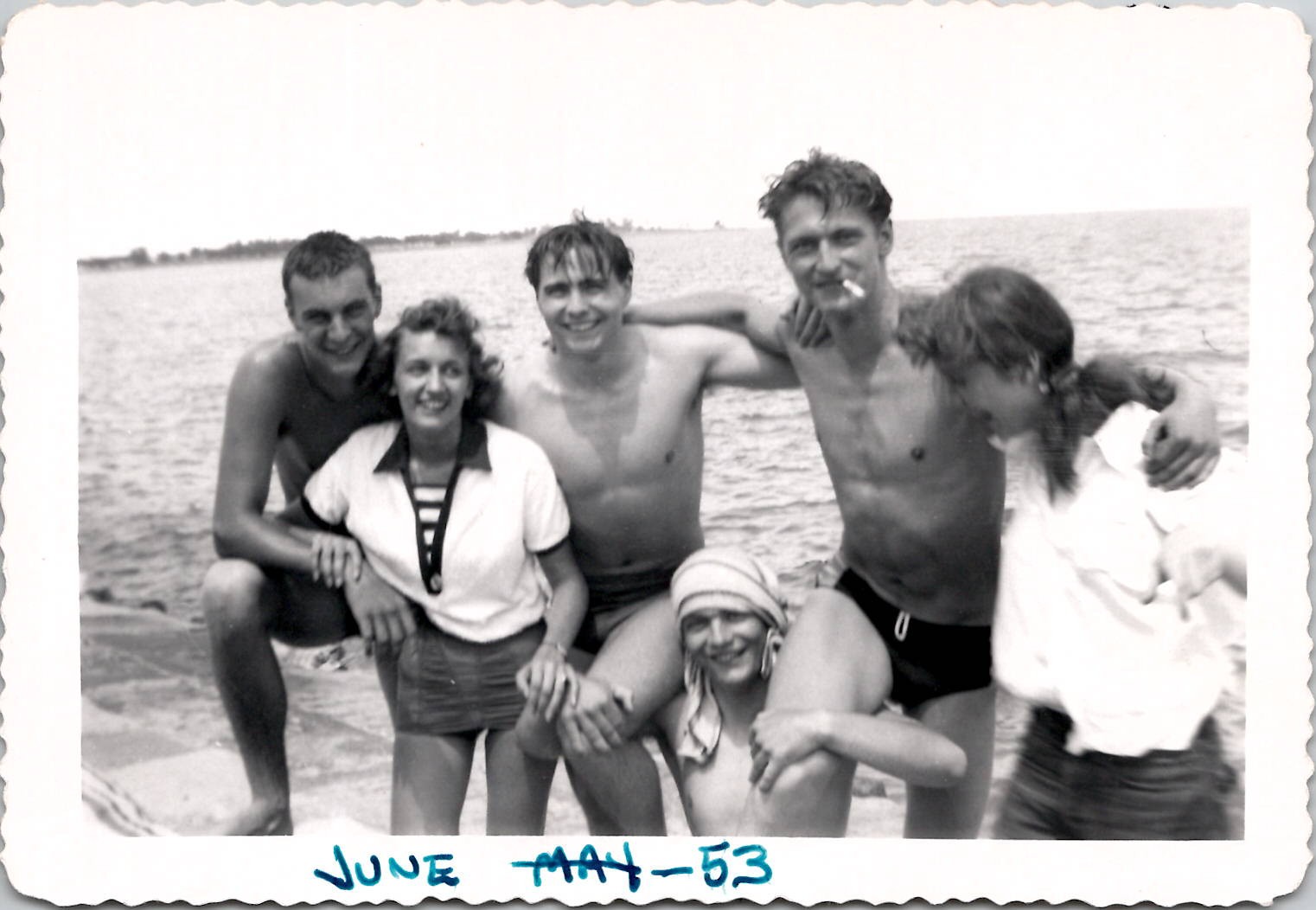 Hot Shirtless Beefcake Men at Beach w/Sexy Woman Beach 1950s B&W Vintage Photo