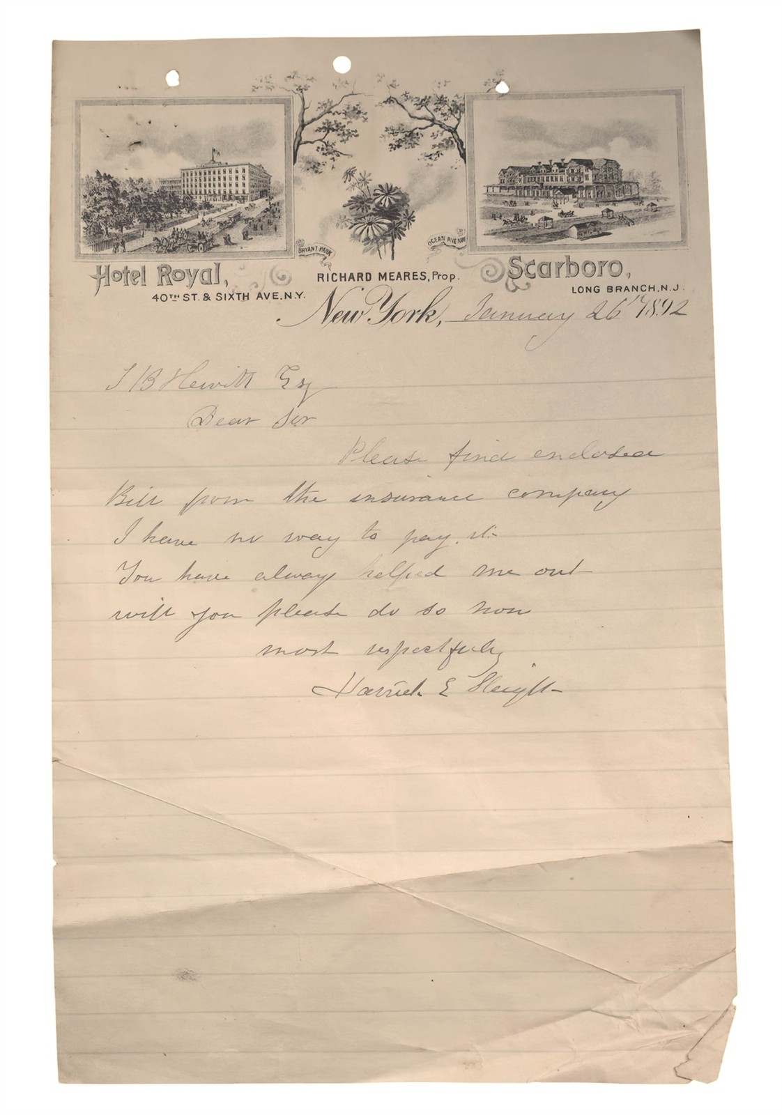 1892 antique LETTERHEAD ny HOTEL ROYAL long beach nj SCARBORO proprietor MEARES