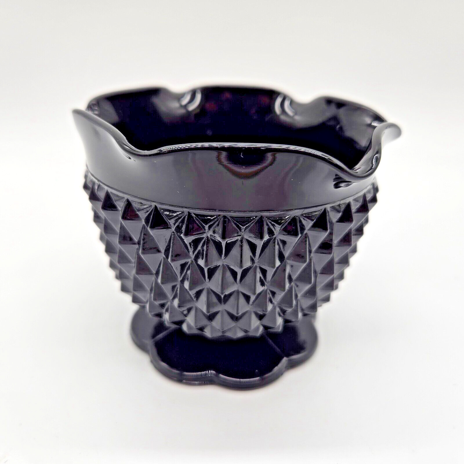Vintage Black Amethyst Glass Footed Candle Stick Holder Diamon Point 3\