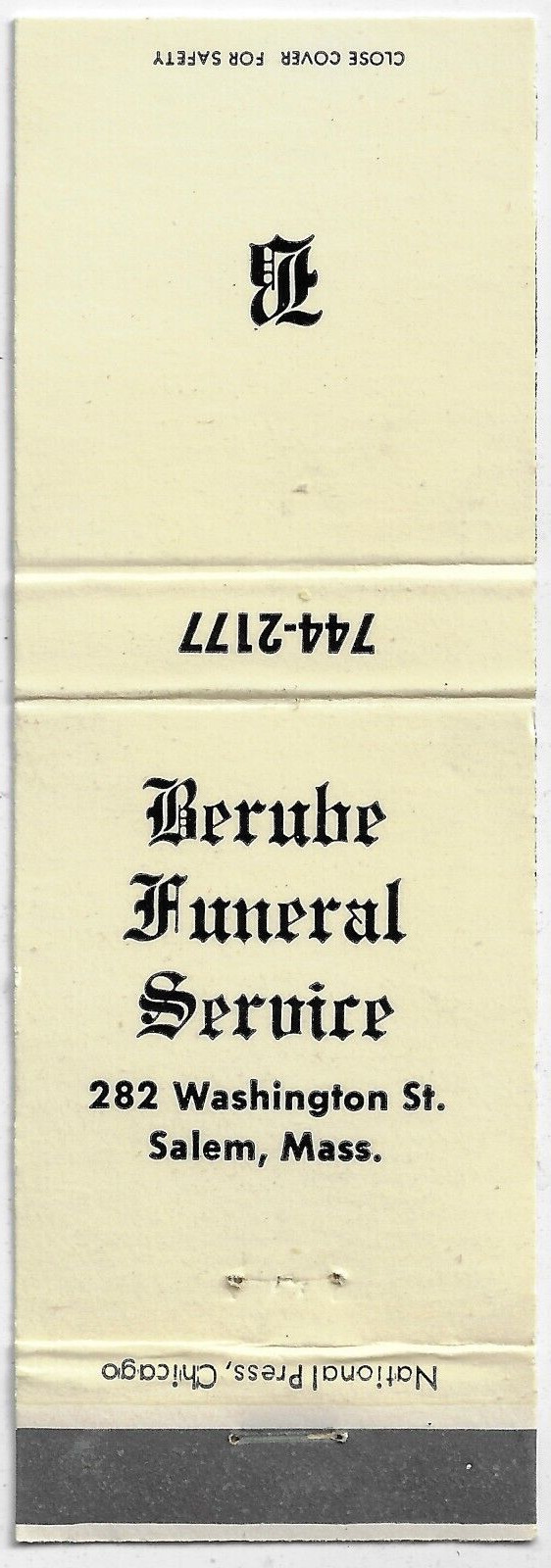 Empty FS Matchbook Cover Berube Funeral Service Salem Mass.