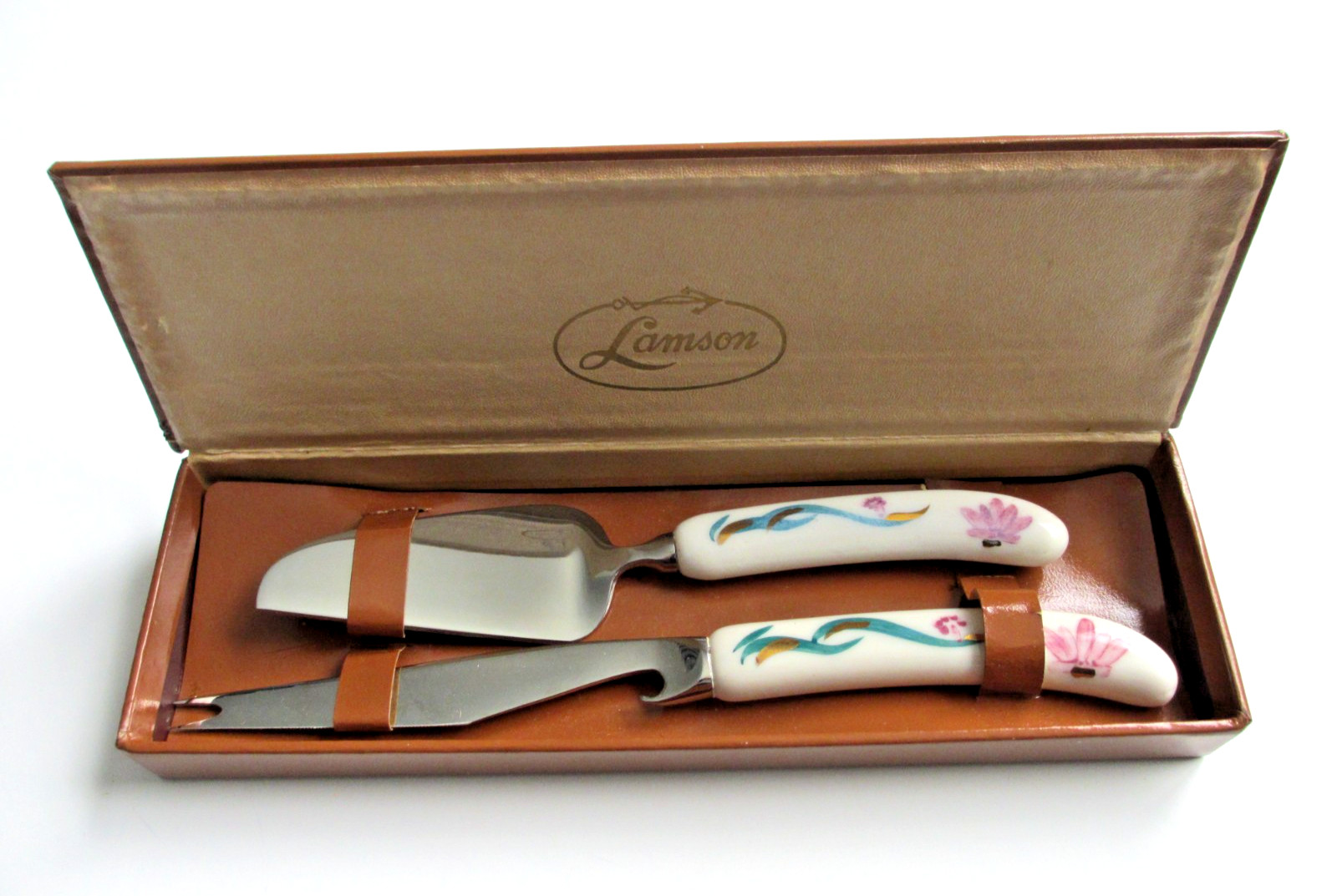 Vintage Lamson Stainless Steel / Porcelain Hostess Serving Set w/ Original Case