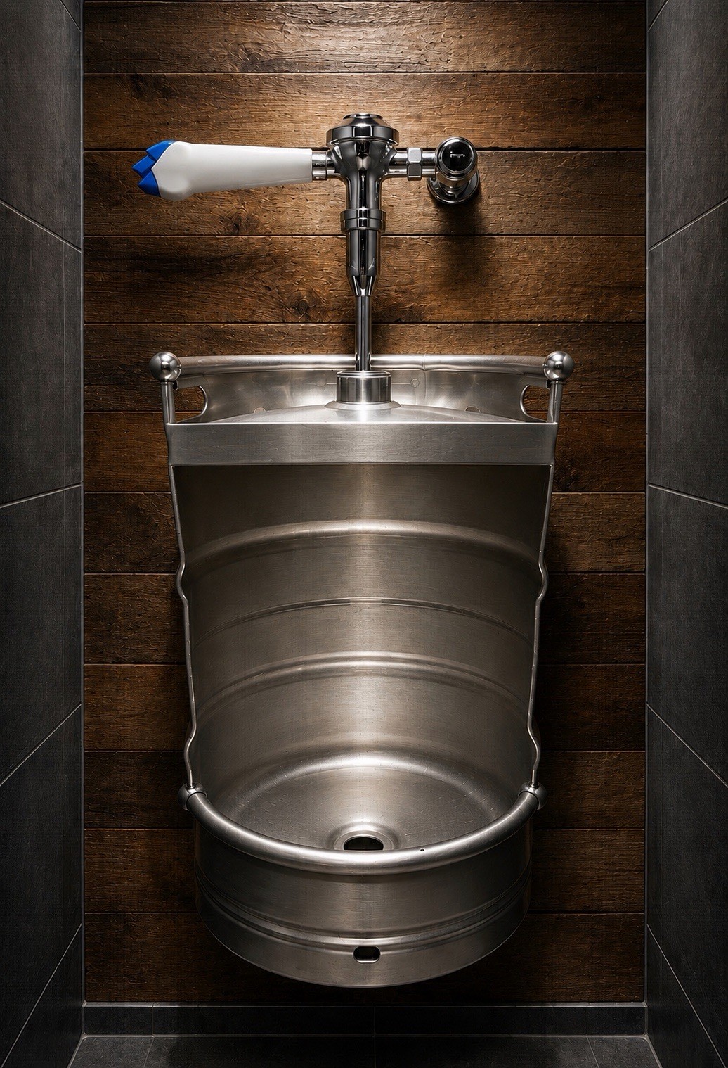 Custom Keg Urinal with Top Manual Flush & Beer Tap Handle