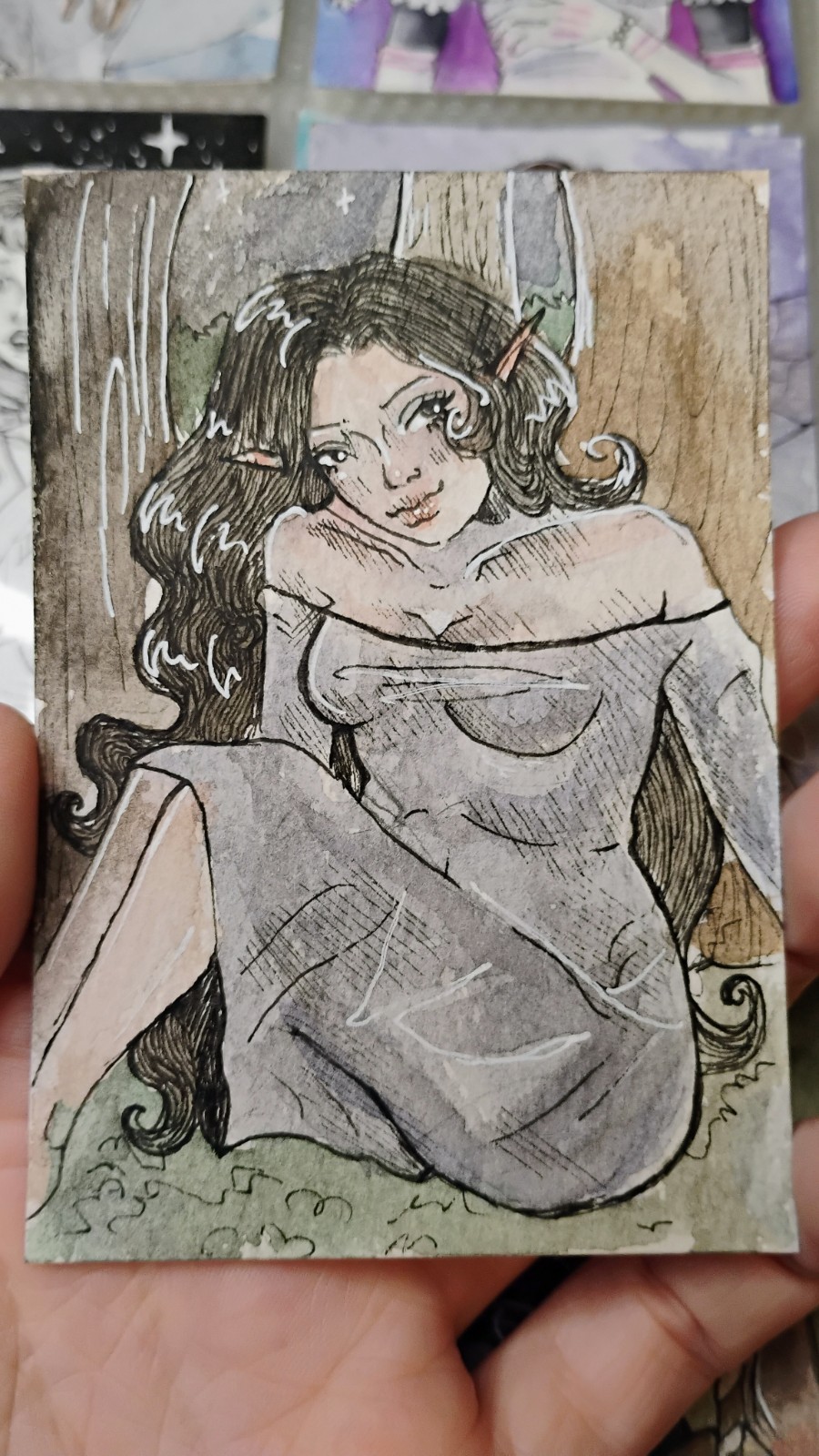 ACEO Original 2.5x3.5 Fantasy Elven Woman Trading Card Collectible